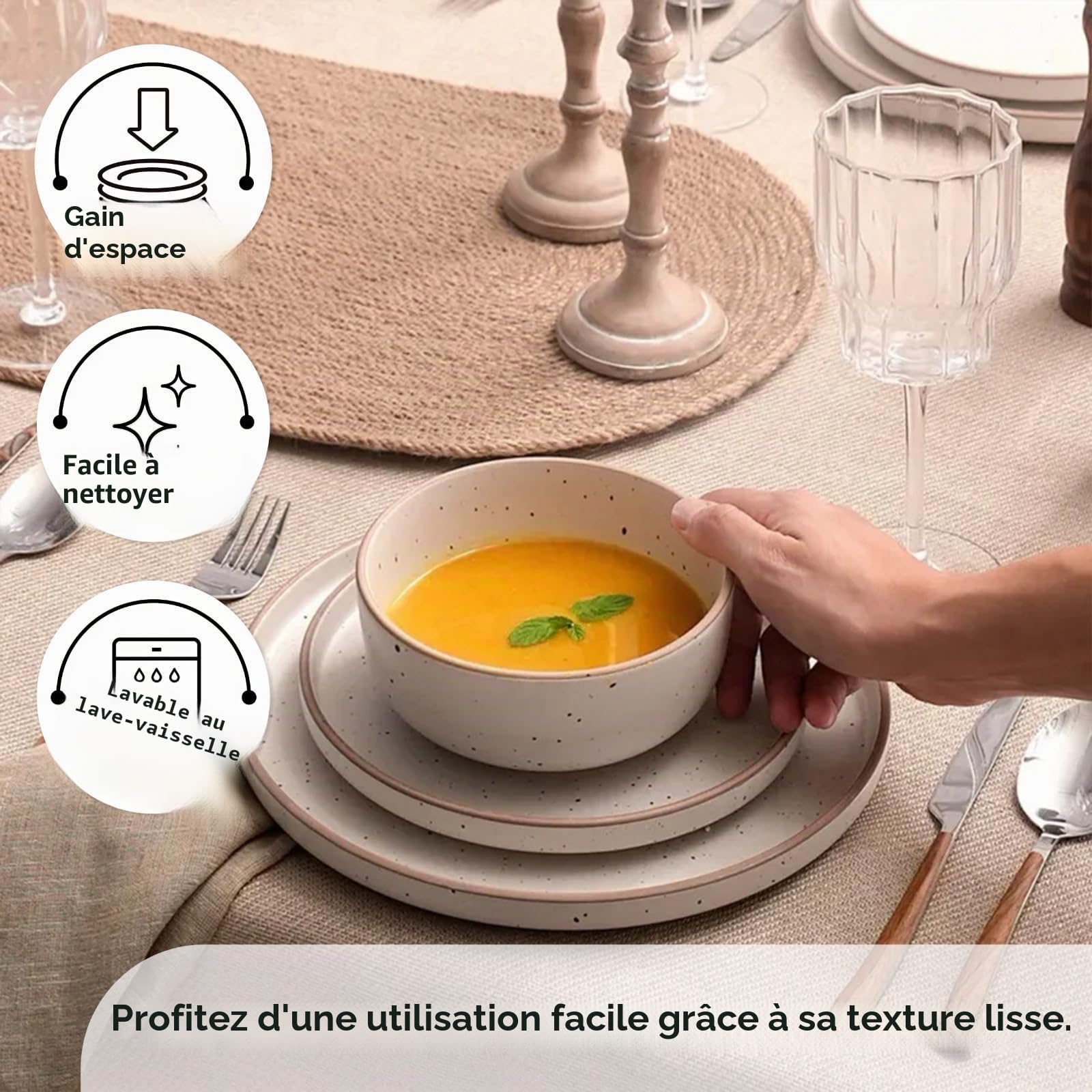Karaca Chicago Dot Service de table 18 pièces en grès pour 6 personnes – Service de vaisselle moderne et unique avec assiettes, assiettes à dessert, bol