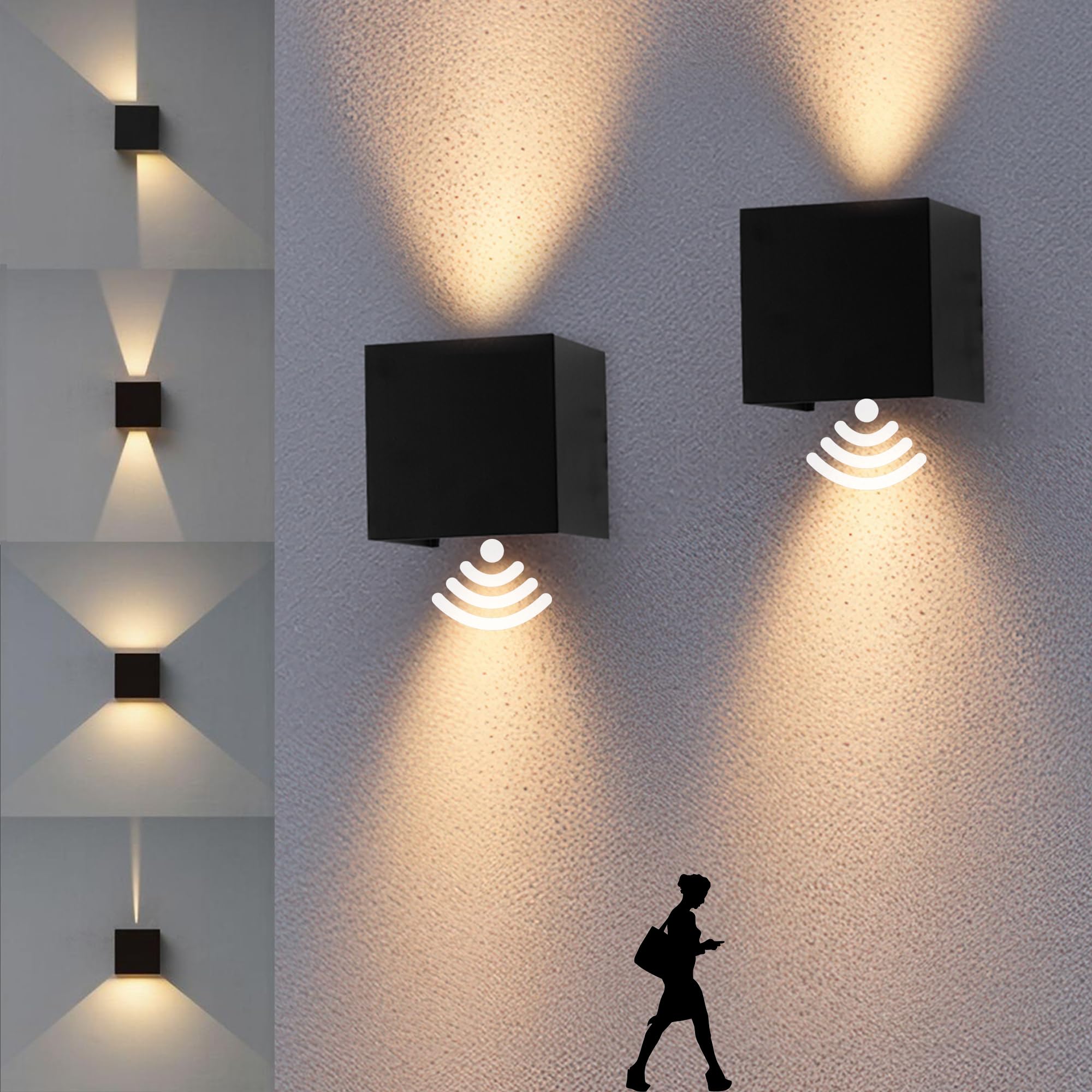KarlpaSW Outdoor Wall Lights with Motion Sensor 2pack,12W Up Down Outside PIR Lights,Mains Powered 3000K Warm White IP65 Black LED Wall Sconce for Front Door,Garage,Porch
