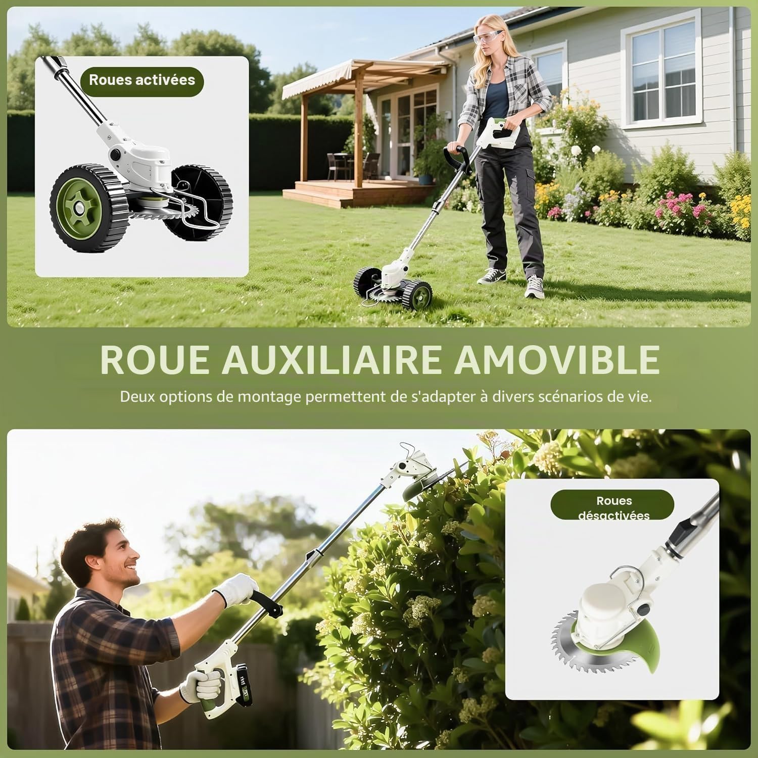 Debroussailleuse Electrique sans Fil - Debroussailleuse Batterie avec 2 Batterie 21V et 4 Types de Lames - Coupe Bordure avec Poignée Réglable - Débroussailleuse à Gazon pour Jardin (Beige)