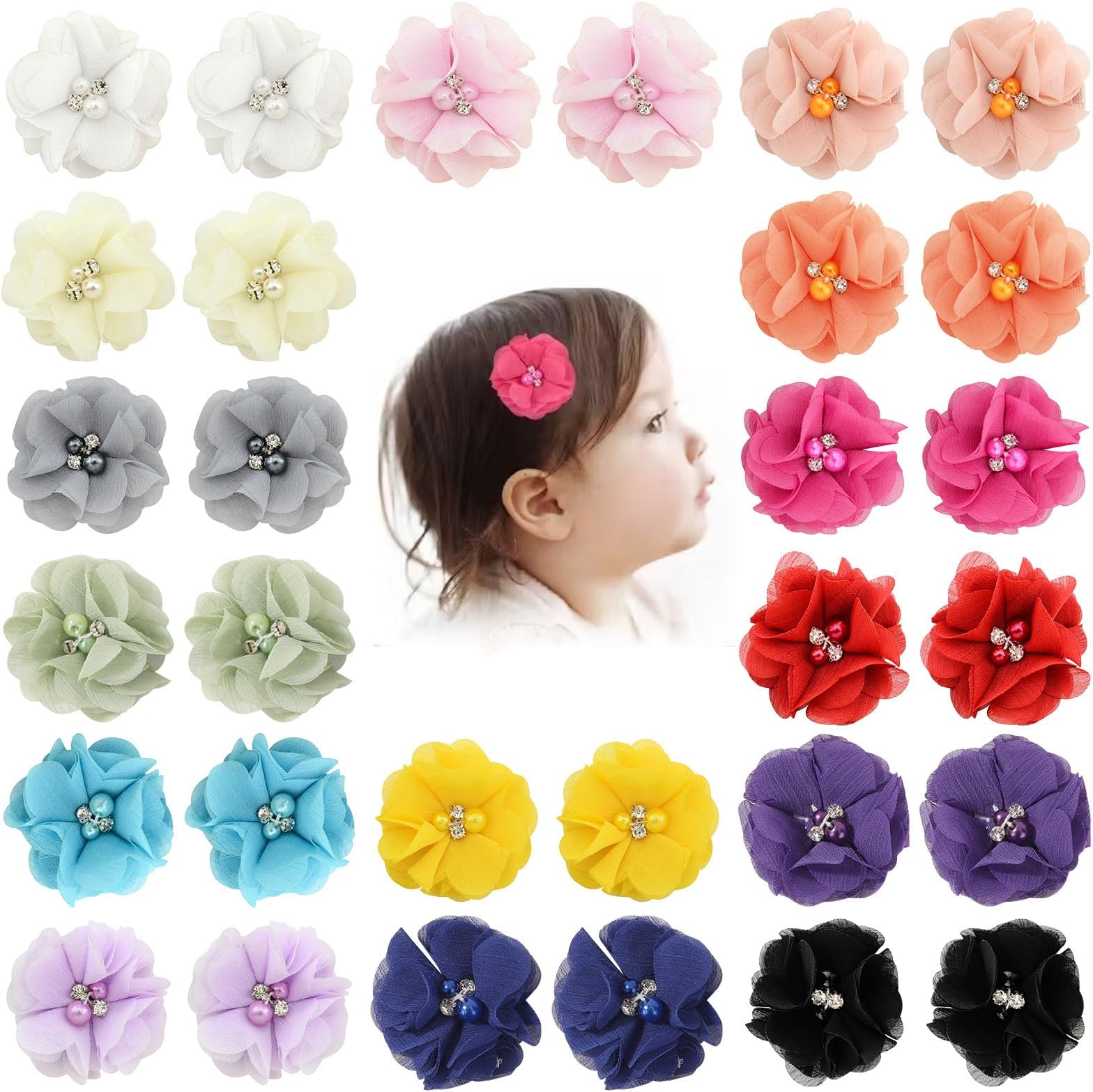 30pcs Baby Girls Alligator Hair Clips Chiffon Flower Hair Barrettes Accessories for Kids Toddler Teens (01)