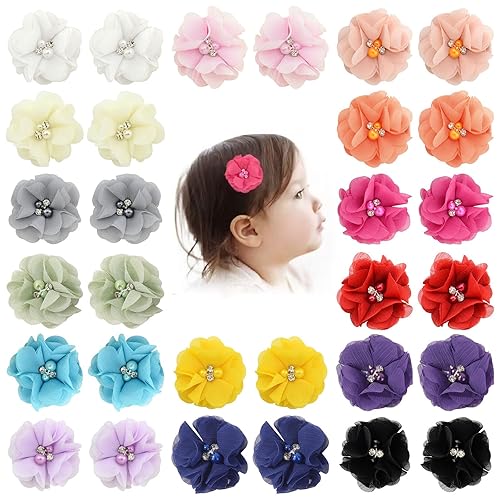 Jollybows Juego de 20 pares de 40 piezas de 2 pulgadas de gasa con flores pequeñas para el cabello fino para niñas y niños pequeños