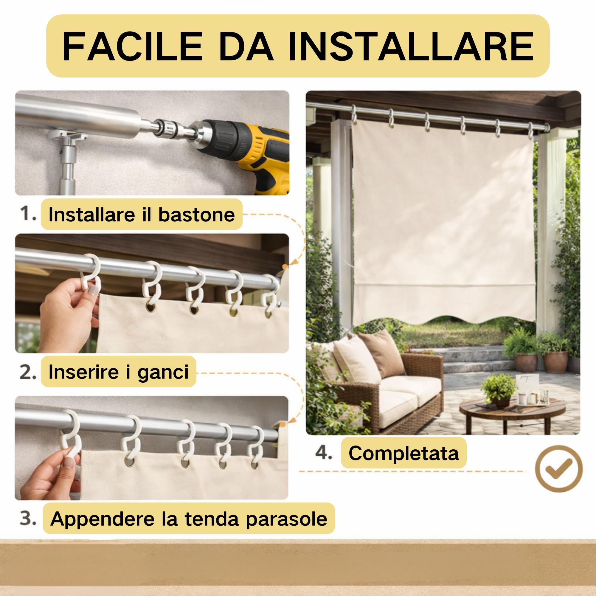 Tenda da Sole a Caduta Beige per Balcone 290x290 cm 1700g, Protezione UV, Verticale per Terrazza e Giardino