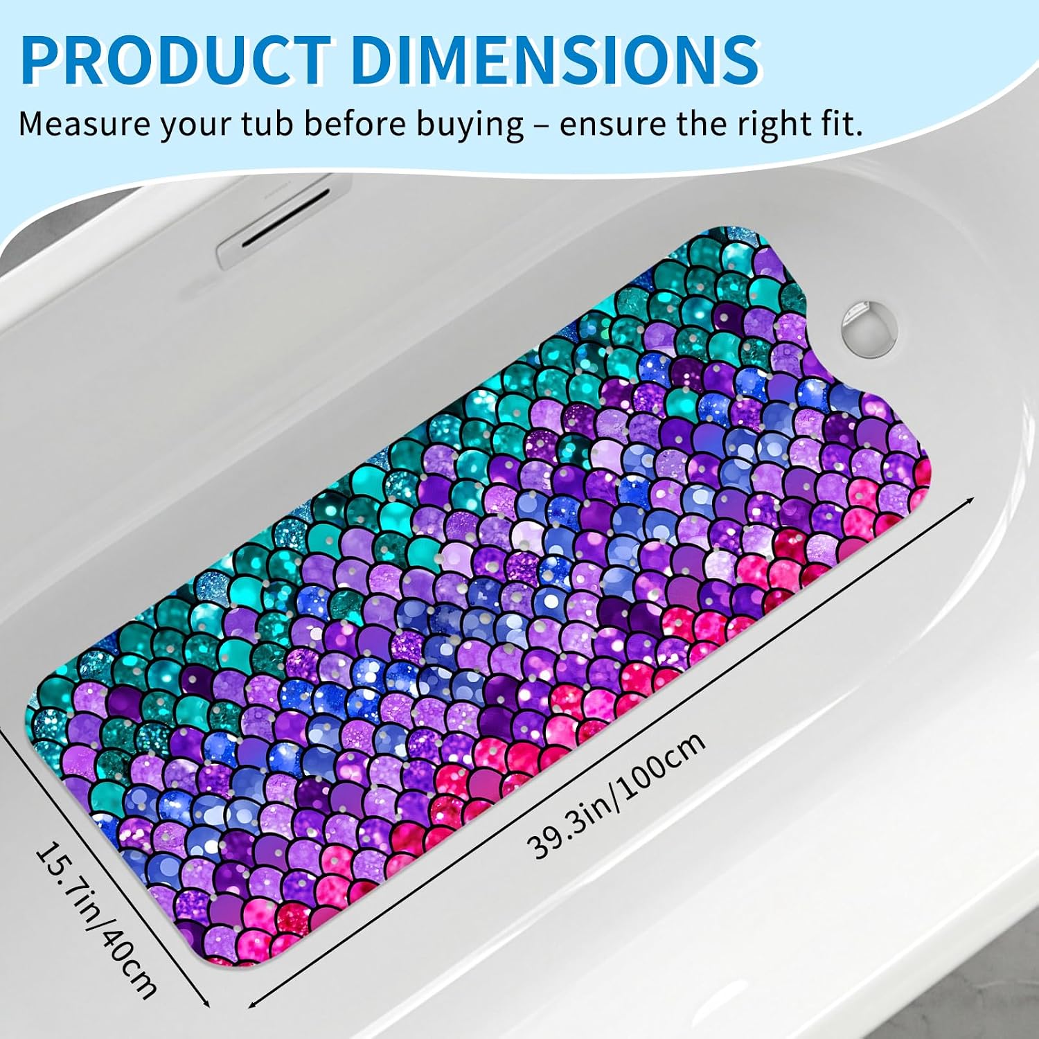 Mermaid Bath Mat for Tub Non Slip, Kids Bath Mat for Baby, 39" *16"