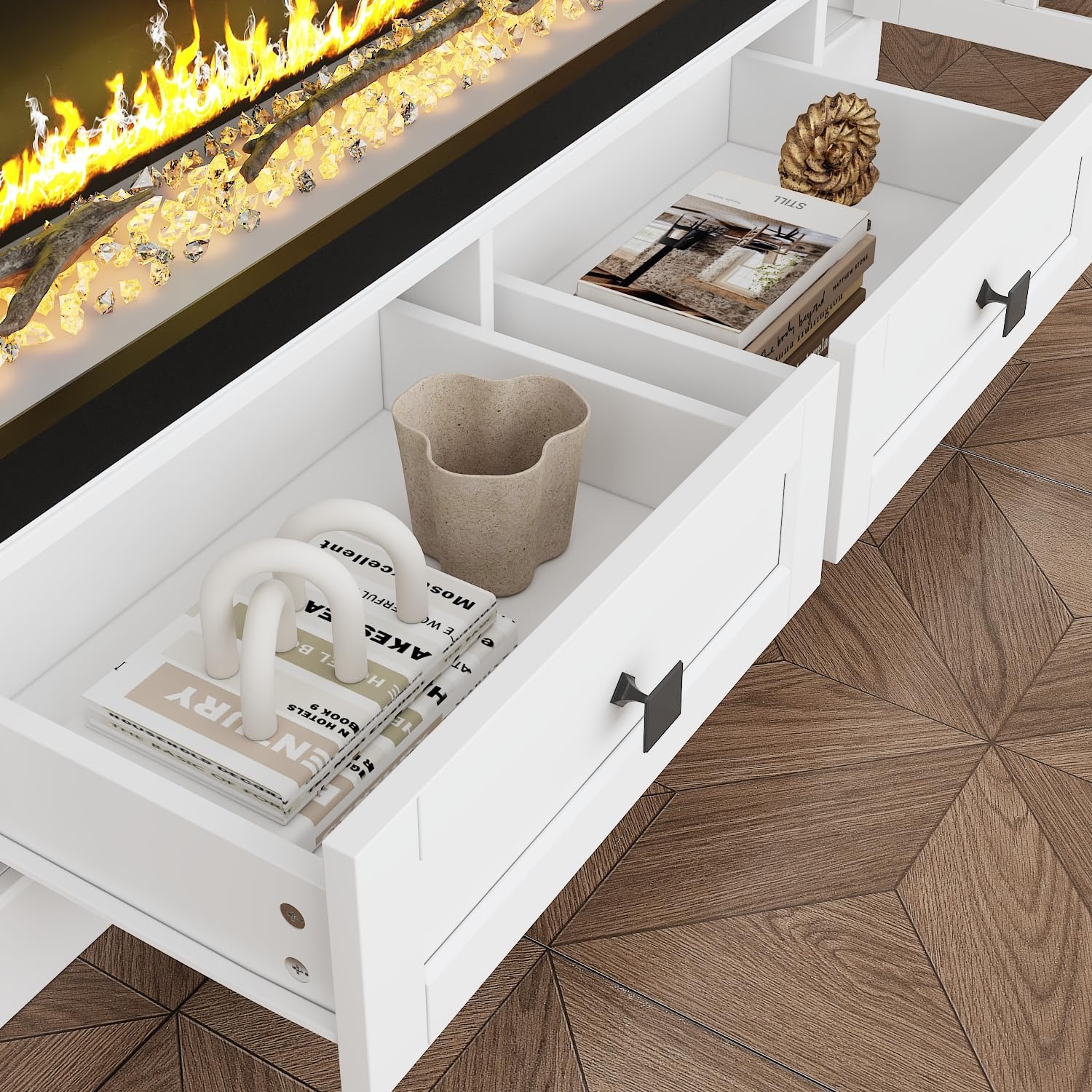 ECACAD Fireplace TV Stand for TVs up to 50" with 4 Drawers, 4 Shelves & LED Light, 1500W Electric Fireplace with 12 Colors Flame, 2-Level Heat, Media Entertainment Center Console Table, White & Black