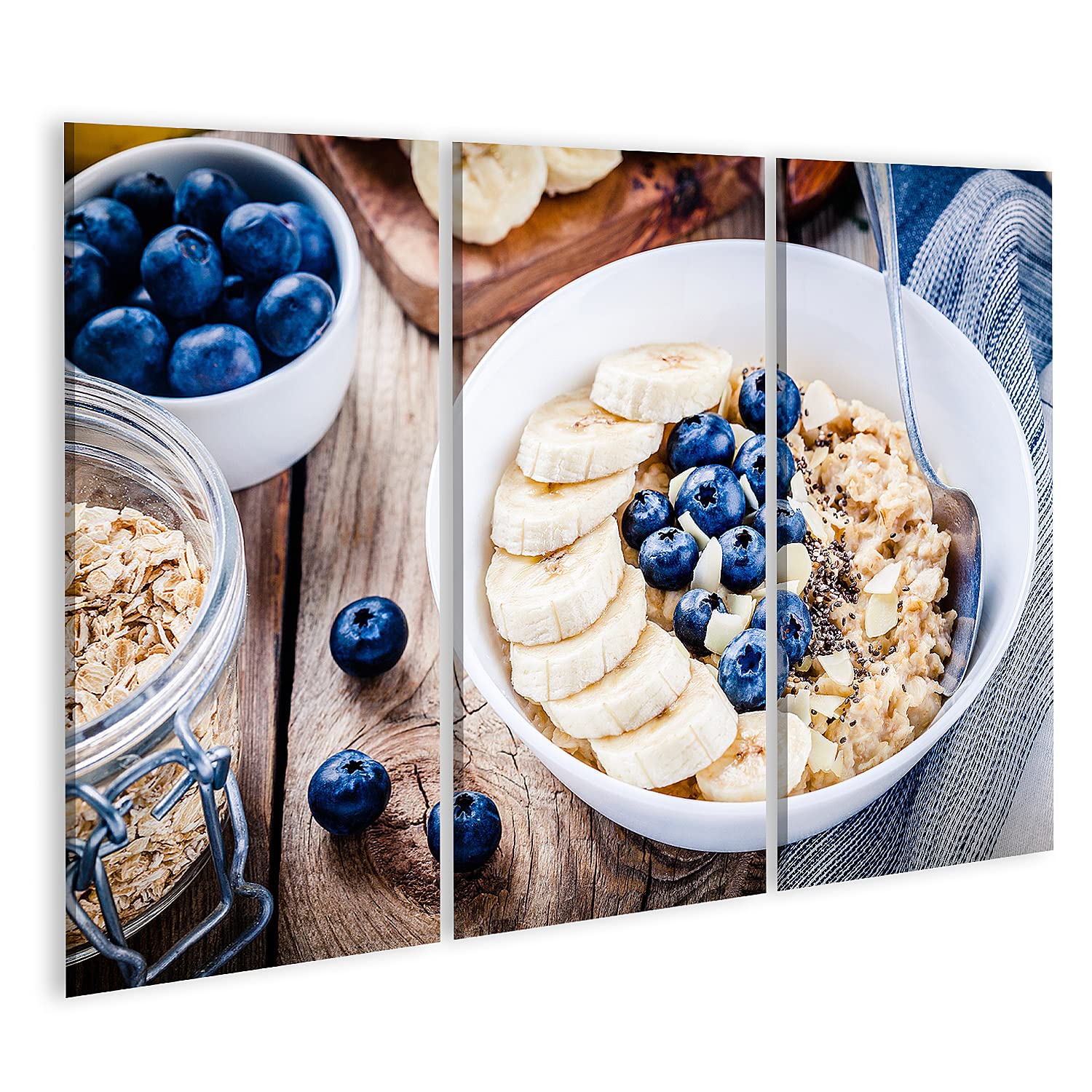 islandburner Prime Bild auf Leinwand Frühstück Haferflocken Bananen Blaubeeren Chiasamen Mandeln Selektiver Abstrakt Bilder Wandbilder Poster