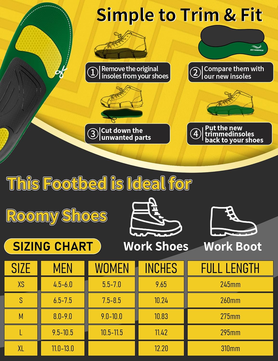 Work Boot Insoles for All Day Shock Absorption,Anti Fatigue Medium and High Arch Support Shoe Inserts for Men Women,Relieve Foot Pain,Soft Comfortable Work Insoles for Standing All Day-XS - Image 6