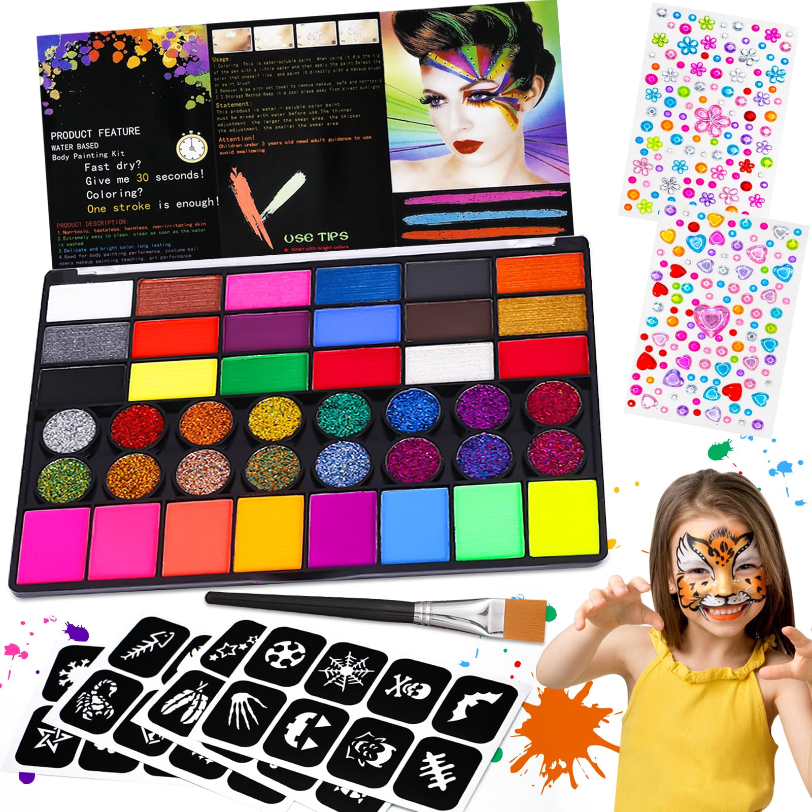 Gigmeta Kinderschminke Set, 42 Farben Waschbar Face Paint Bodypaint Schminkset, Körperfarbe Kinder inkl. professionellen Pinsel, 4 Schablonen, 2 Diamant Sticker für Halloween Karneval Make up Fasching