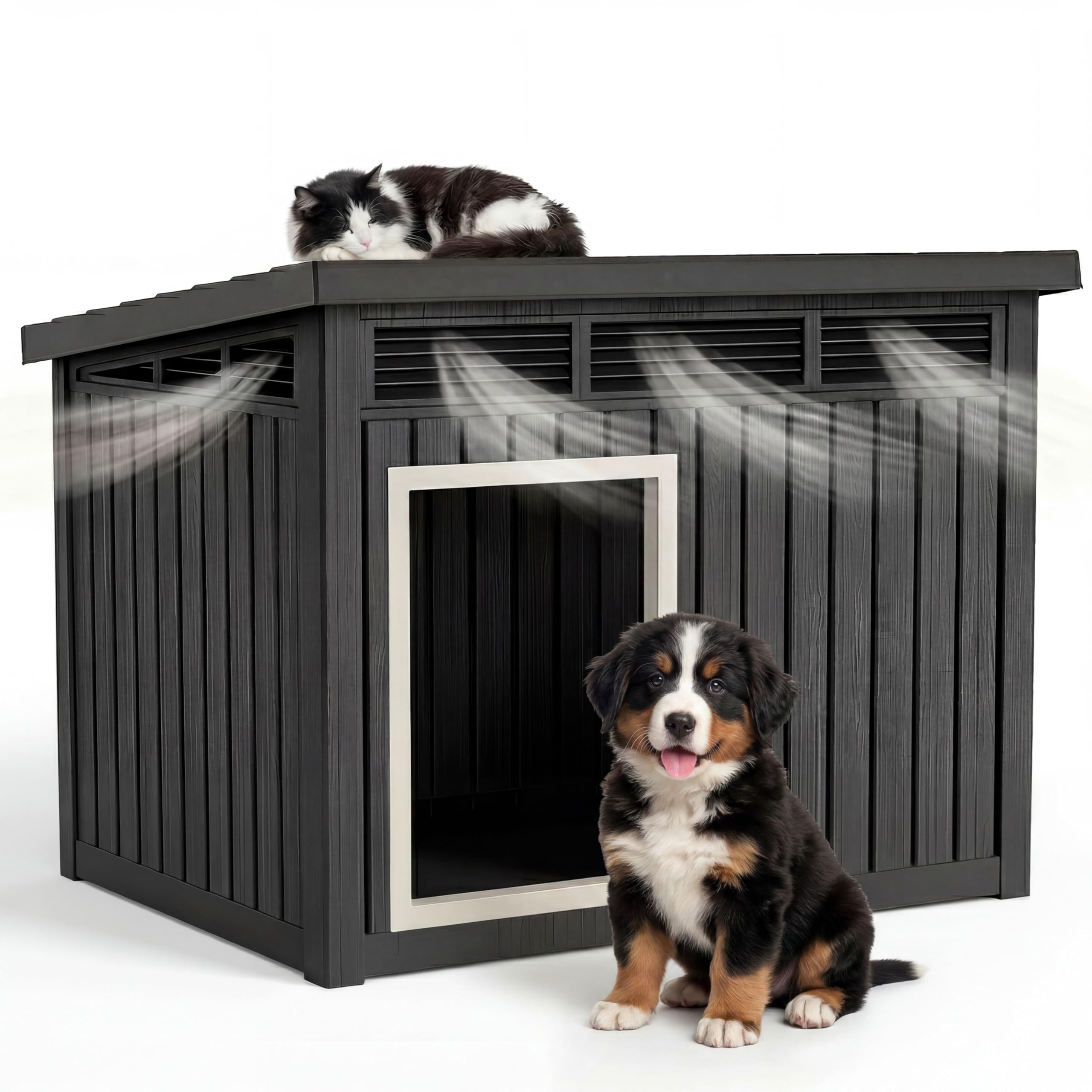 DRATO Small Dog House, Weatherproof Resin Dog House Outdoor with Sloped Roof &amp; Ventilation, Indoor Outdoor Small Dog House for Small Pets,Easy Assemble, (Classic Black, 32.2 * 25.12 * 24.13)
