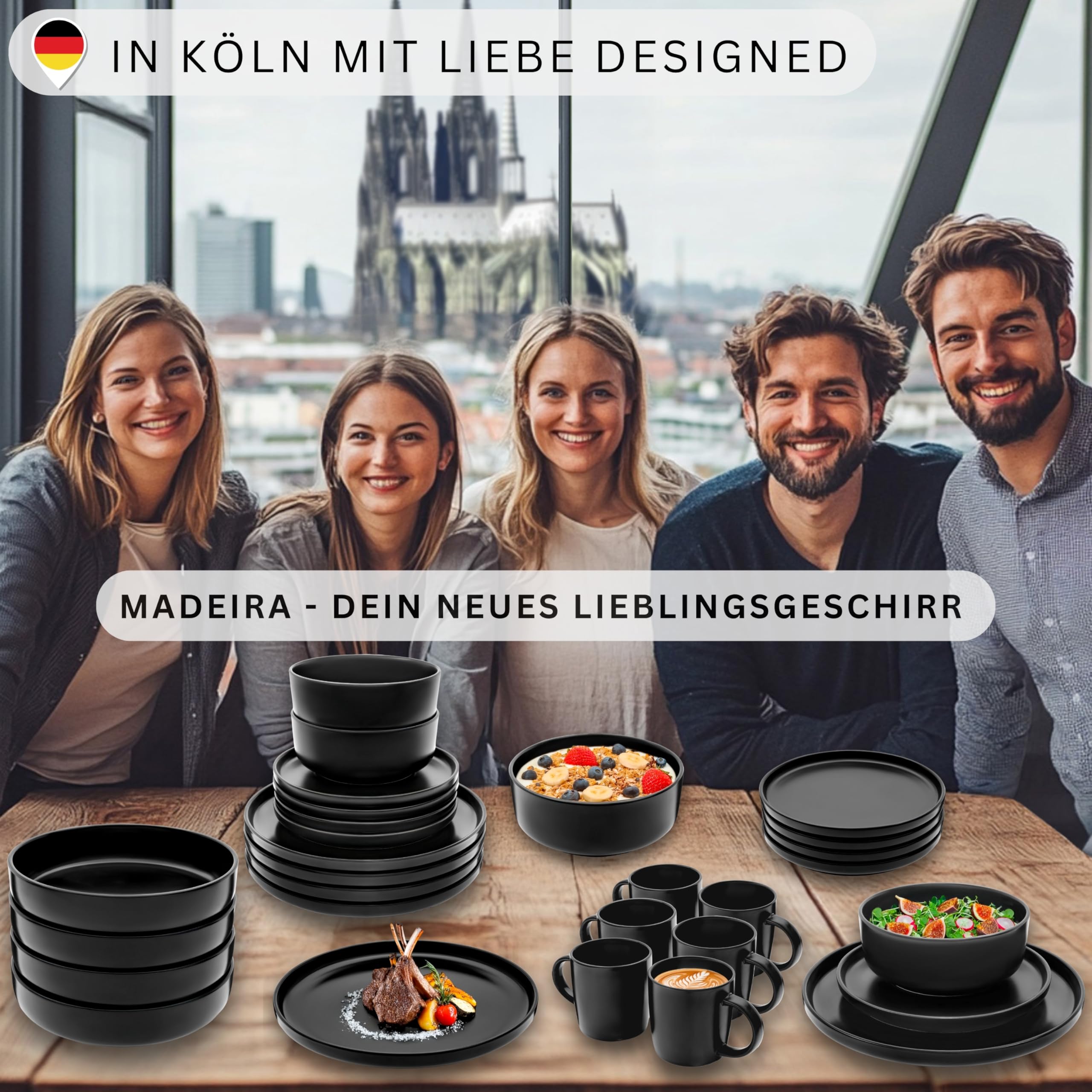 SÄNGER Madeira | Kombiservice 6 Personen, Teller Set matt Kaffeebecher Pastaschalen 30 tlg, Steingut Geschirr Set spülmaschinen- mikrowellen, Geschirrset aus Steingut schwarz | VALUE COLLECTION
