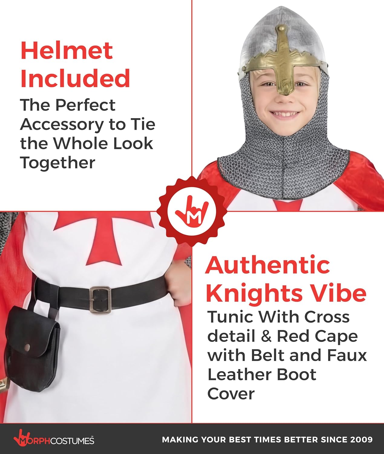 Morph Crusader Costume Kids with Kids Knight Helmet, Medieval Knight Costume Boys, Book Characters Costumes For Kid