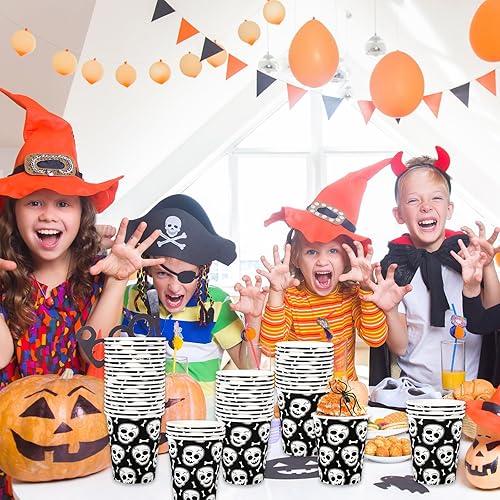Miniatura 6 de AnyDesign 50 vasos de papel de Halloween de 9 onzas con diseño de huesos de calavera espeluznante, tazas de té y café, tazas de té de calavera negra