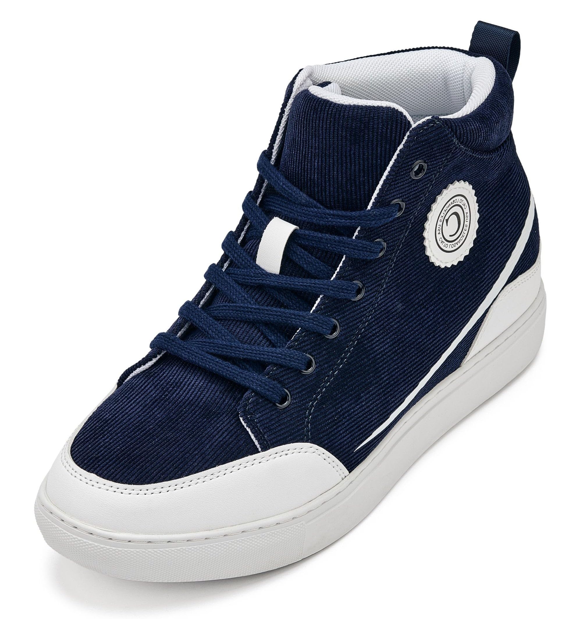 CALTO Men's Invisible Height Increasing Elevator Shoes - Navy Blue/White Sole Lace-up Corduroy Ankle Top Sneak-Boot - 2.6 Inches Taller - S4132 - Size