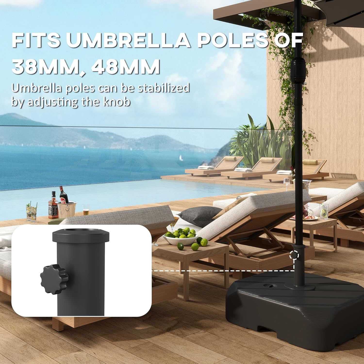 Outsunny Square Patio Umbrella Base with Wheels, Telescopic Handle, 158 lb Sand or 99 lb Water Filled Heavy Duty Umbrella Stand Base with Holder for 1.5"/1.9" Poles for Outdoor, Black