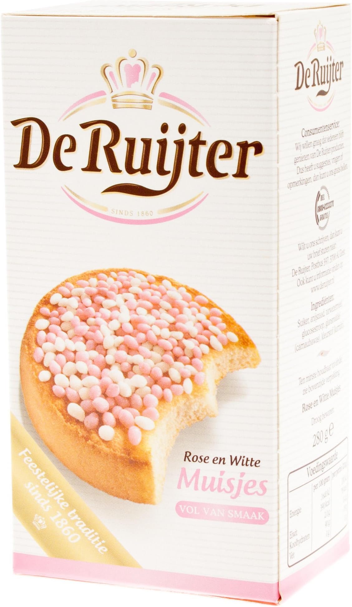 De Ruijter White-Pink Sprinkles / Rose en Witte Muisjes, 280g