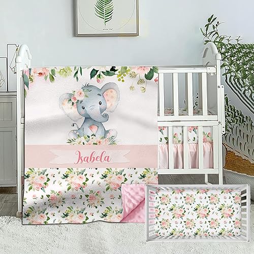 Juego de ropa de cama personalizado para cuna de bebé, edredón con nombre personalizado, ropa de cama de elefante floral, juego de 2 piezas con