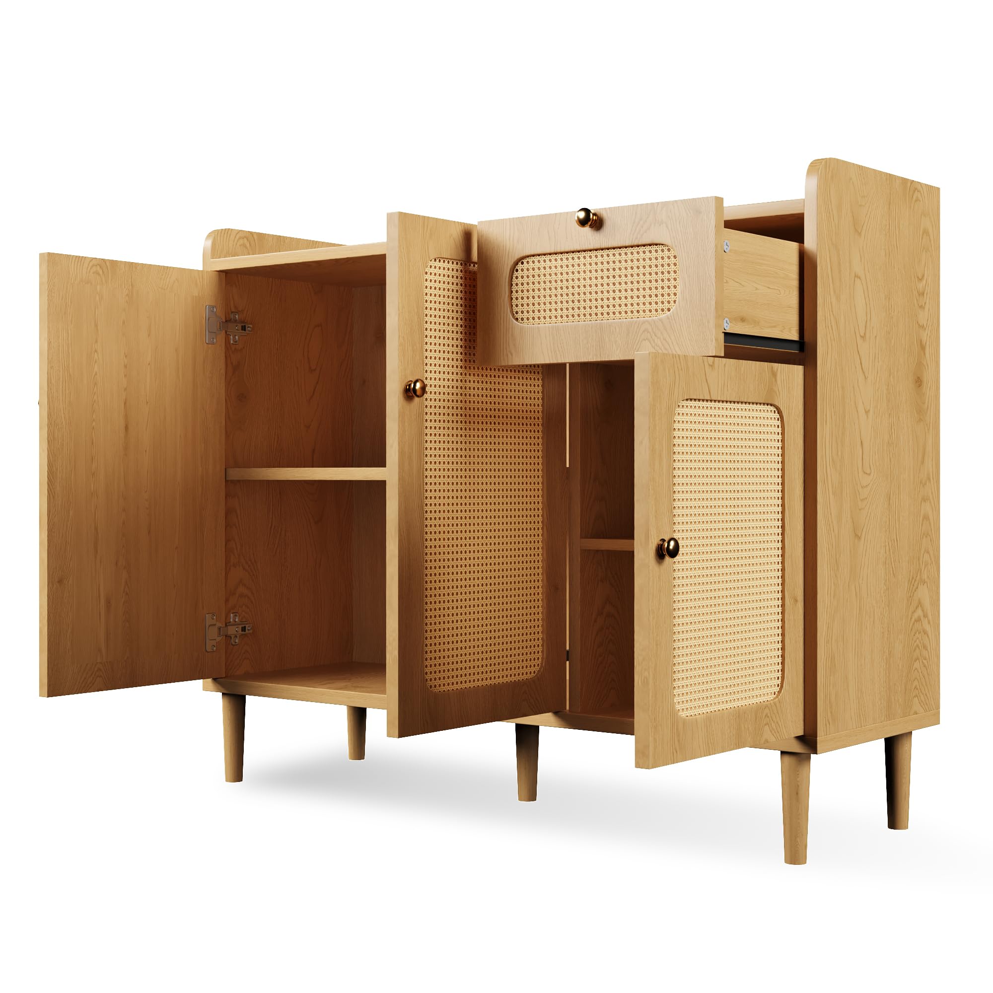 MURUL Aparador de 120 x 40 x 91 cm, aspecto de roble con tejido de ratán, cómoda con 3 puertas y 1 cajón, aparador con cierre suave para salón y pasillo (roble 2)
