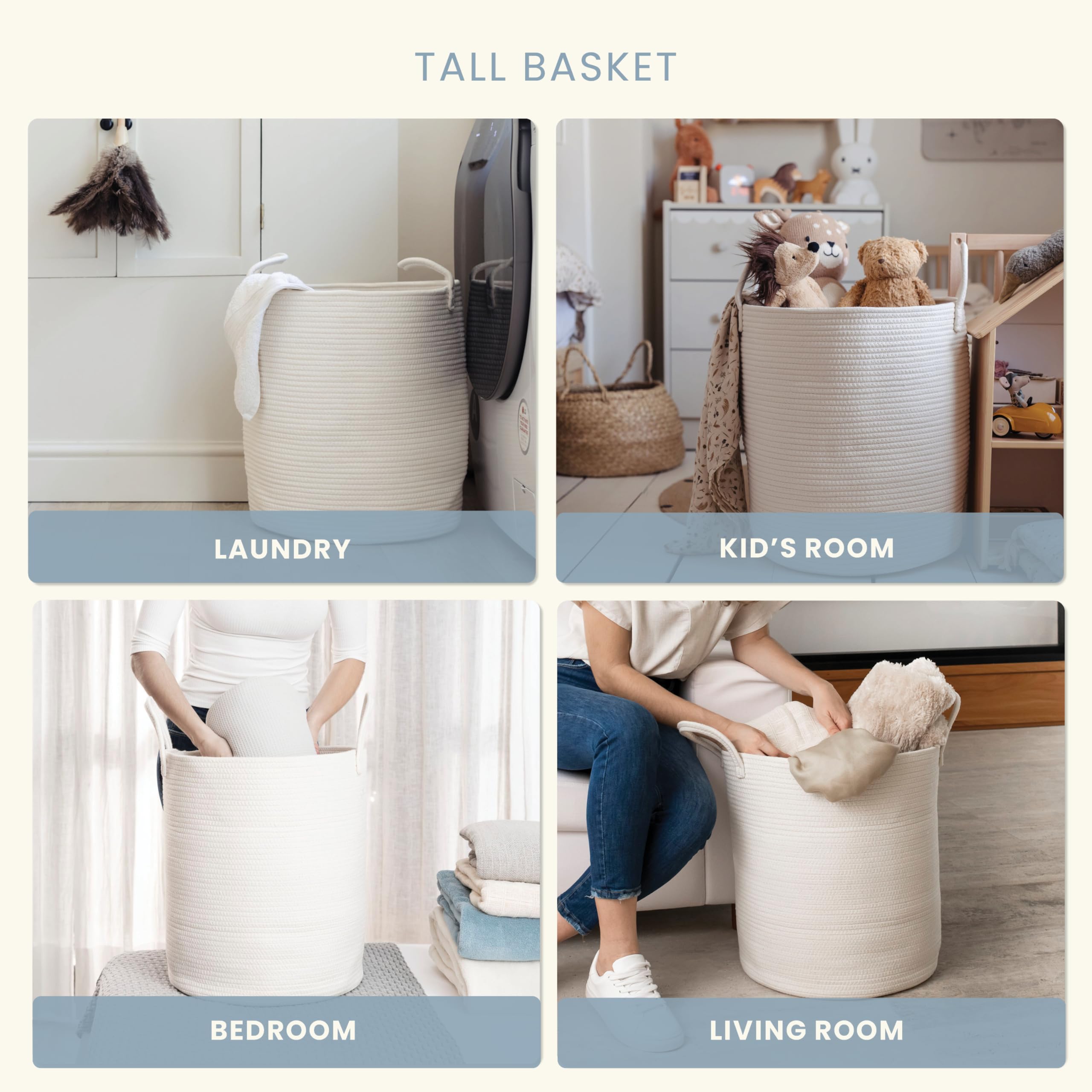 OrganiHaus Cesta 38x45cm Bianco – Organizer in Corda Naturale con Manici per Cameretta, Armadio o Bagno, Adatta a Coperte e Giocattoli