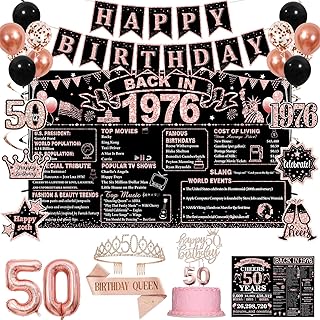 50th Birthday Decorations, Rose Gold Black Back in 1976 Party Supplies Kit with Happy 50th Birthday Banner, Crown, Sash, Backdrop, Cake Topper, 50 Years Old Birthday Decorations for Women