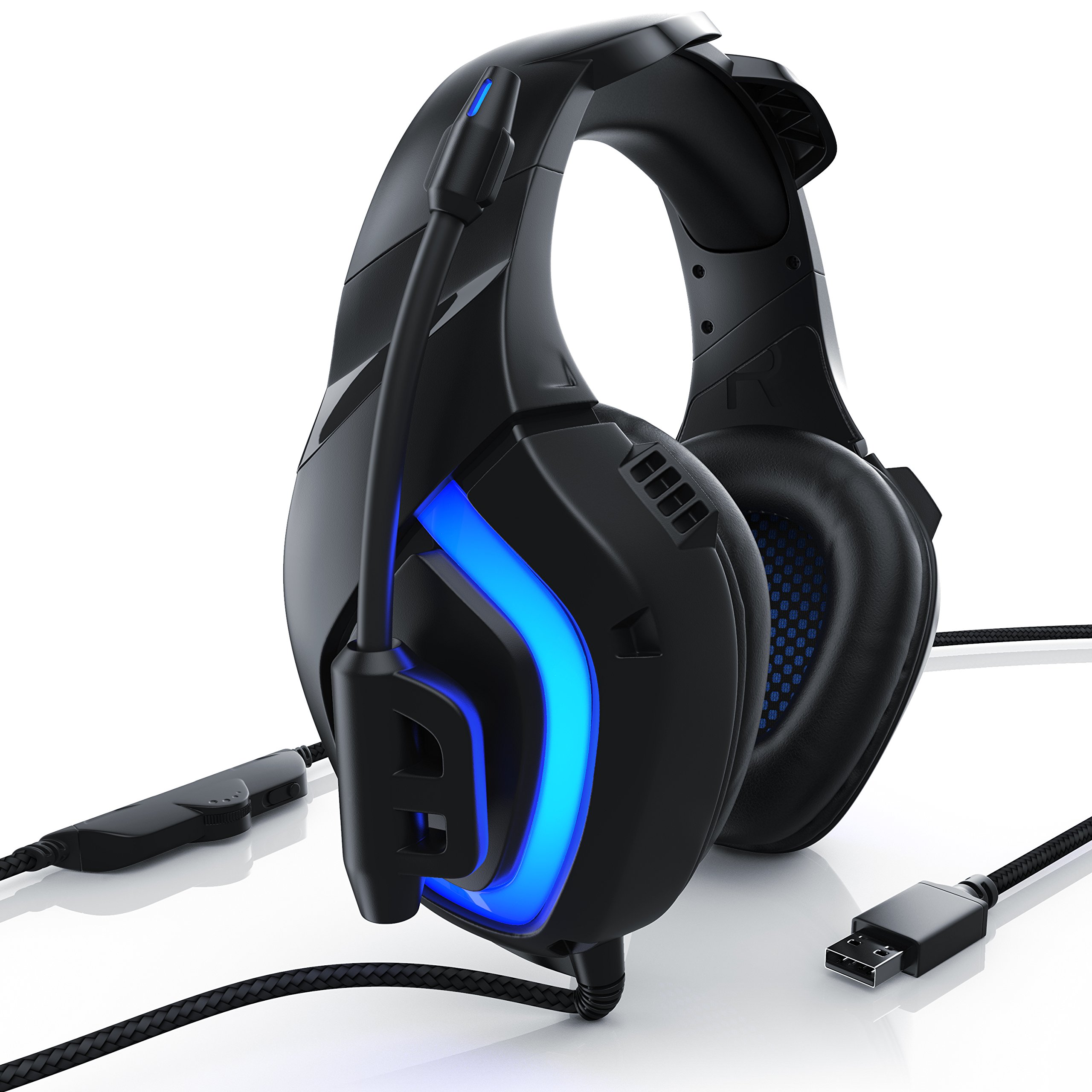 CSL - USB Gaming PC Headset mit Mikrofon - Kabelfernbedienung Externe Soundkarte - Mikrofon flexibel einklappbar - für Gaming Musik Internet-Telefonie - LED-Beleuchtung - für PC Mac