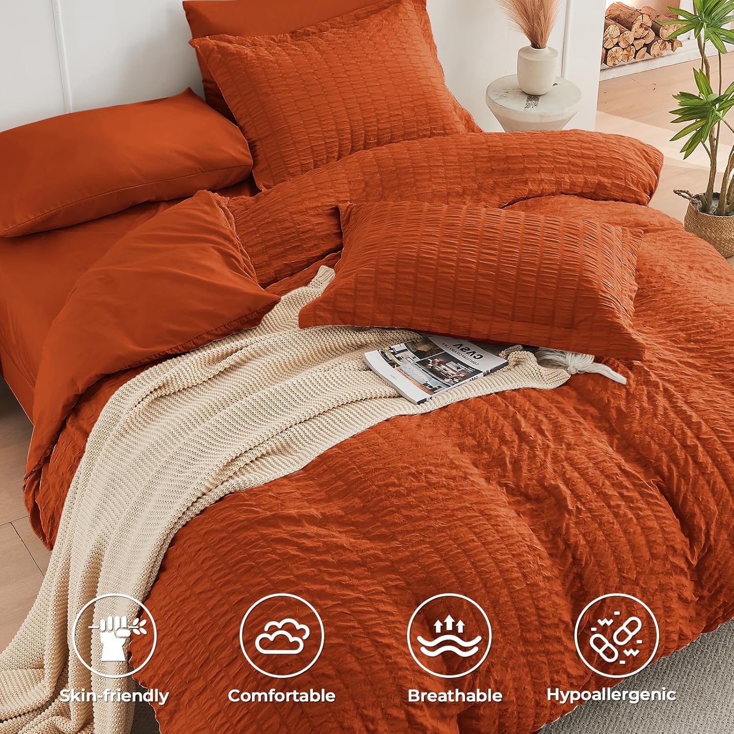 HYMOKEGE Burnt Orange Queen Comforter Set Seersucker 7 Pieces, All Season Luxury Bed in a Bag for Bedroom, Bedding Set with Comforters, Sheets, Pillowcases & Shams - Image 3