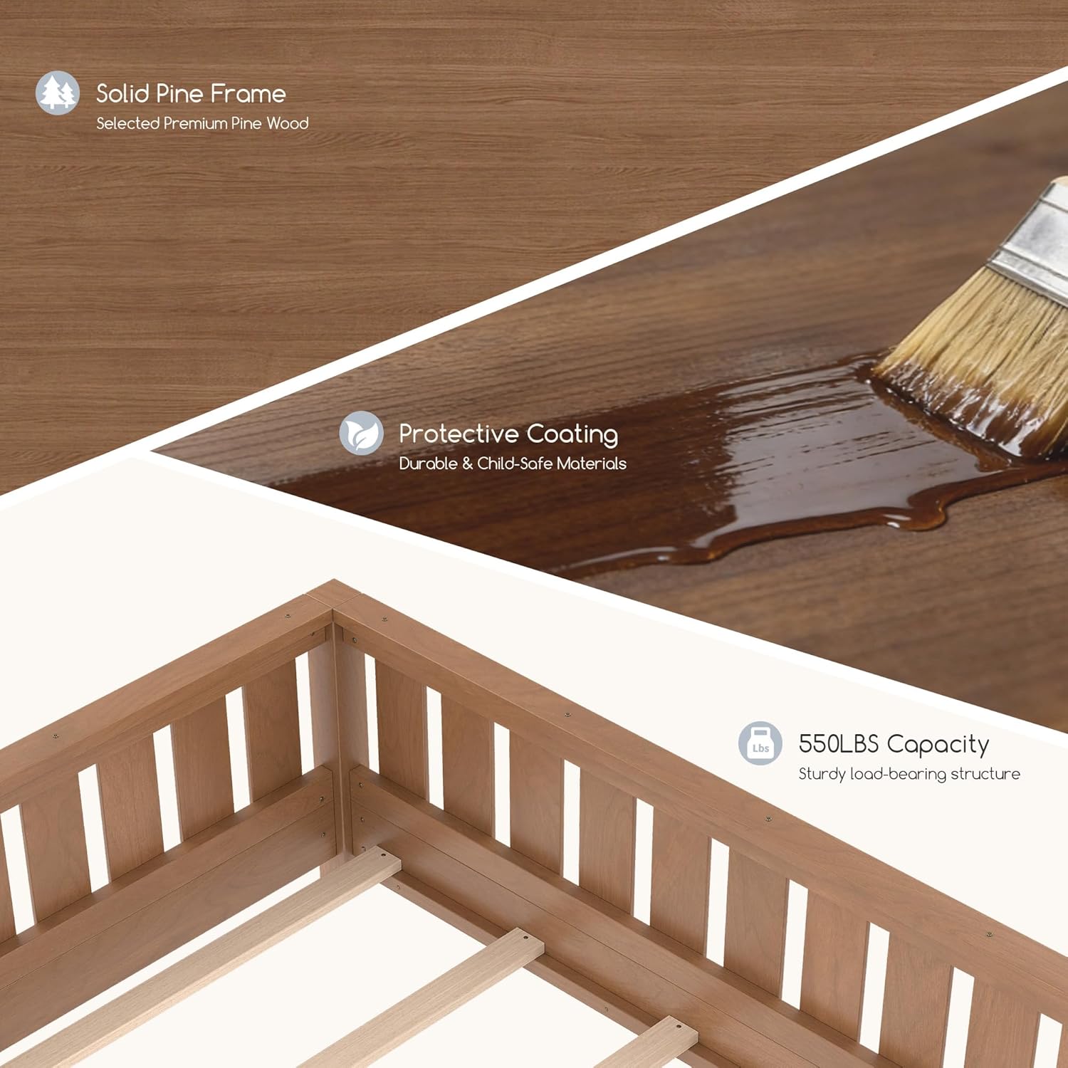 Bellemave Queen Floor Bed Frame with Fence & Bookshelf, Solid Pinewood Montessori Floor Bed Frame Queen with Slats Load 550LBS, Low Floor Bed for Kids, Bedroom, Nursery, Easy Assembly, Oak Brown