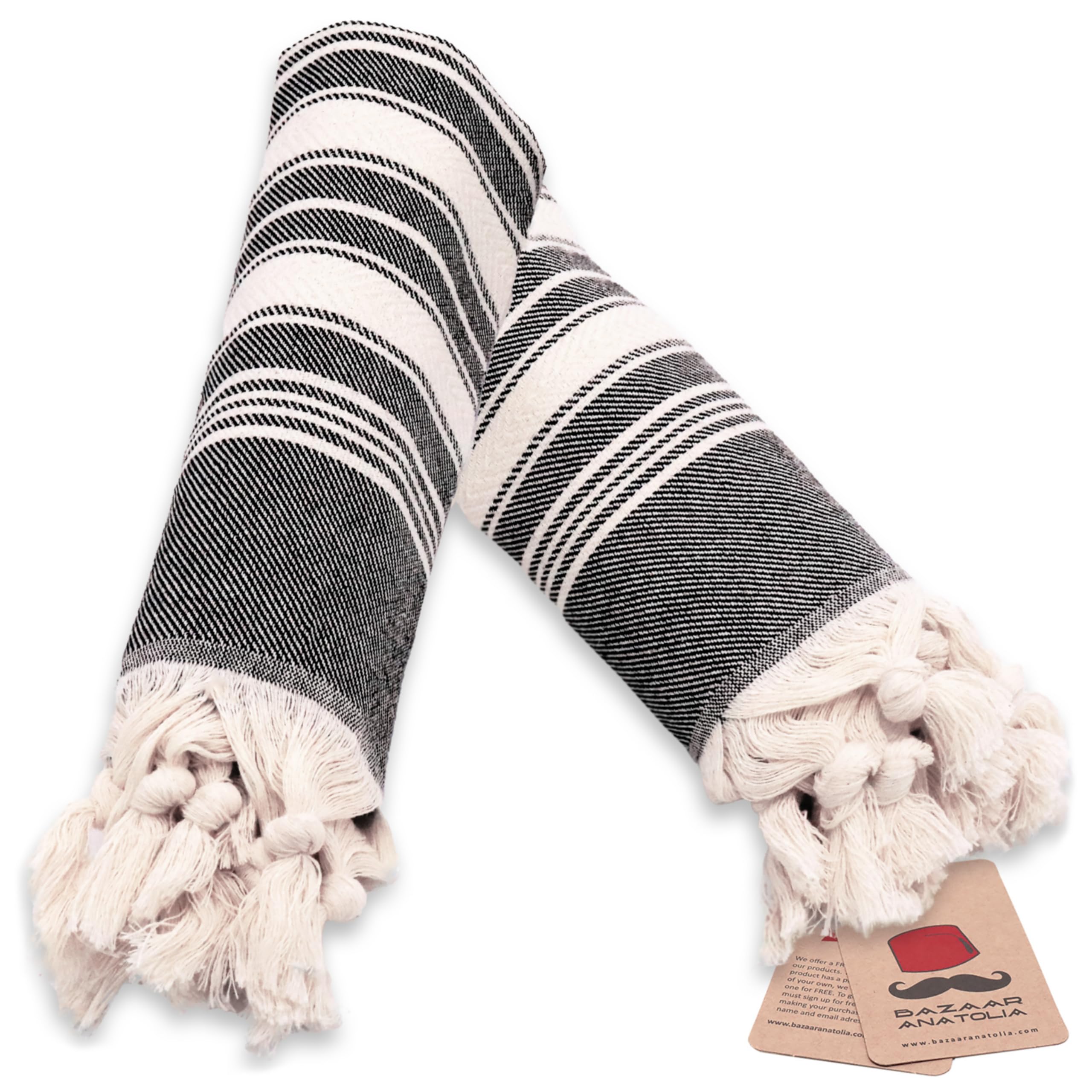 Bazaar Anatolia Turkish Hand Towels for Bathroom Set of 2 | 39"x19", Cotton | Bathroom & Decorative Hand Towels for Kitchen Dishcloth, Tea, Yoga, Face, Gym - Stripe Black