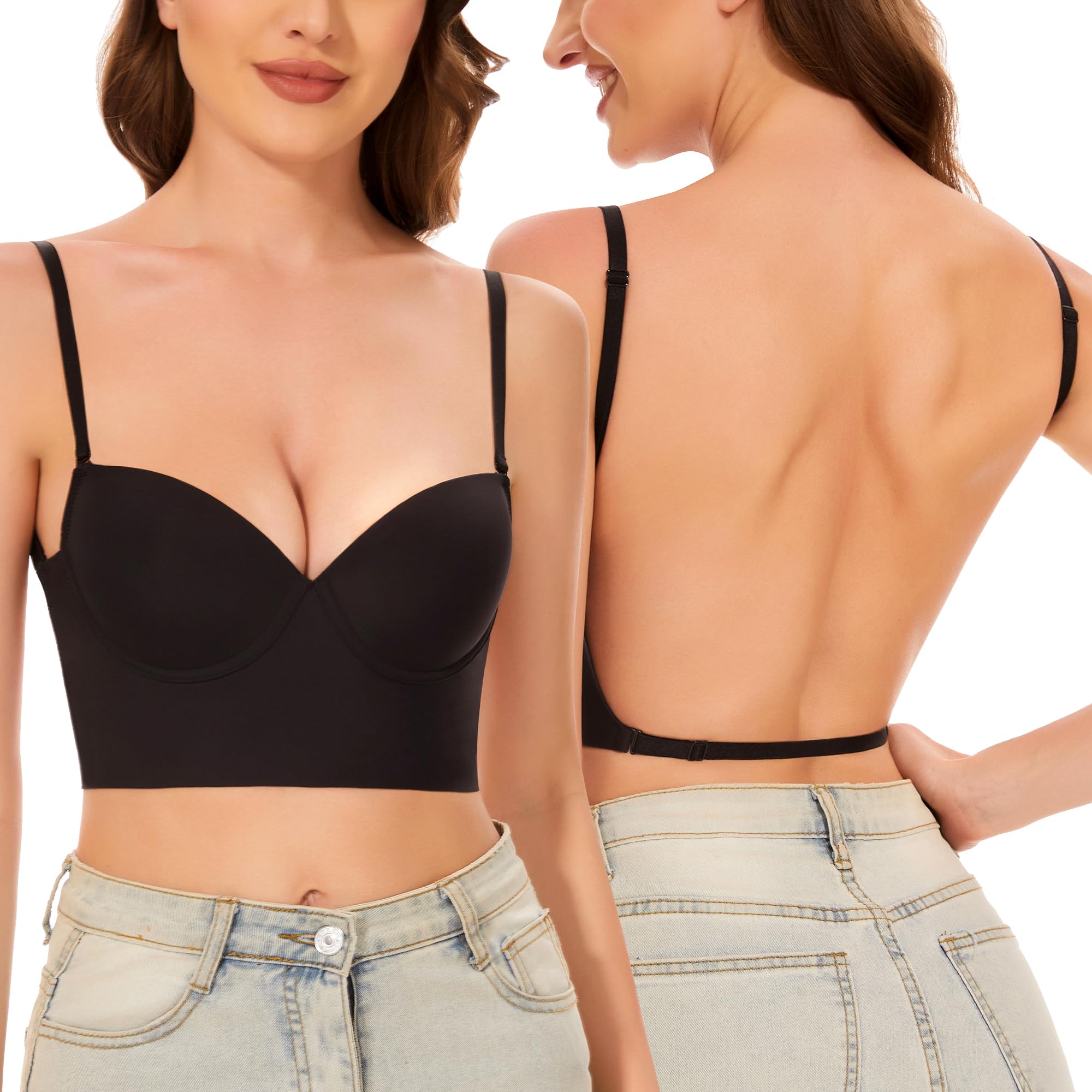 CHERRYSKYWomen Low Back Bras-Seamless Invisible Backless Bra Lightly-Lined Multiway No Show Bras Low-Cut Halter Bra