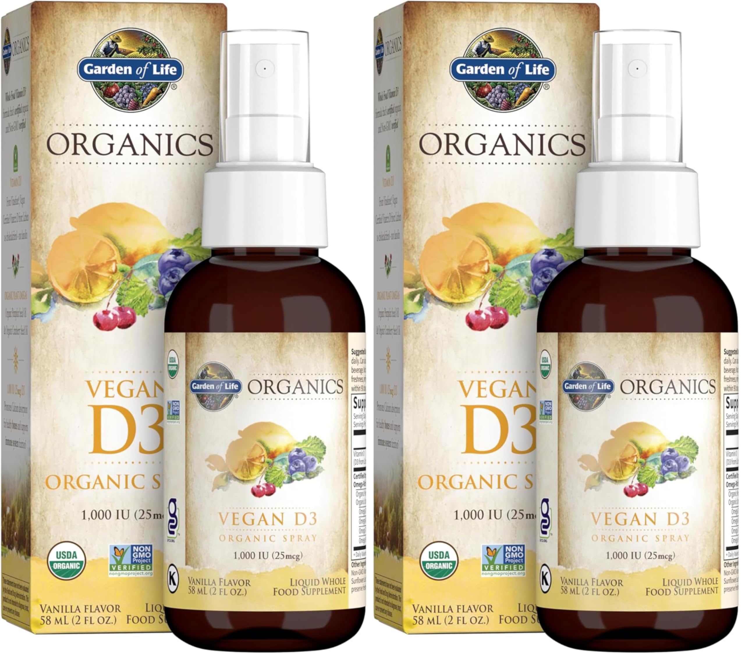 Garden of Life Organics Vegan Vitamin D3 for Women and Men,Liquid 1000 IU Per Spray,D3 Plus Omegas - Vanilla Flavor - 125 Servings - 2fl oz Liquid Whole Food Vitamin Supplement,(Pack of 2) 2 Fl Oz (Pack of 2) Vitamin D3