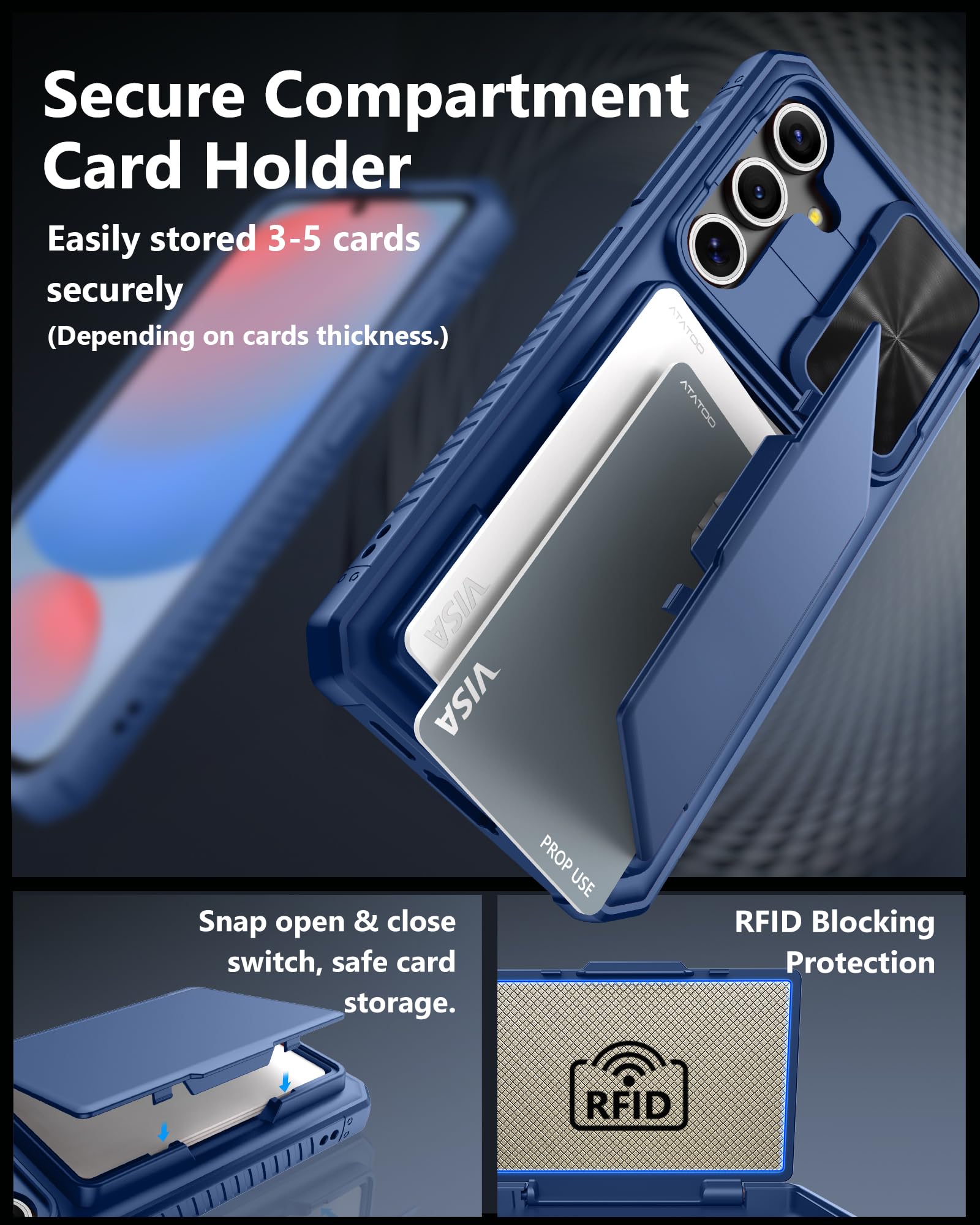 ATATOO Funda para Samsung Galaxy S24 FE con tarjetero (almacena 4-5 tarjetas) y funda para cámara deslizante y bloqueo RFID, protección de grado militar, funda tipo cartera de silicona resistente para