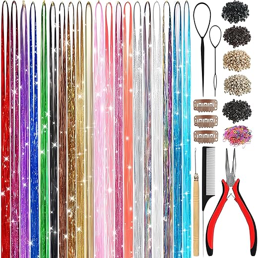 Hair Tinsel,20 Colors Hair Tinsel Kit for Girls 8600 Strands Fairy Tinsel Hair Extensions Holographic Hair Tinsel Heat Resistant Colored Hair Glitter Christmas Party Festival (20 Colors)