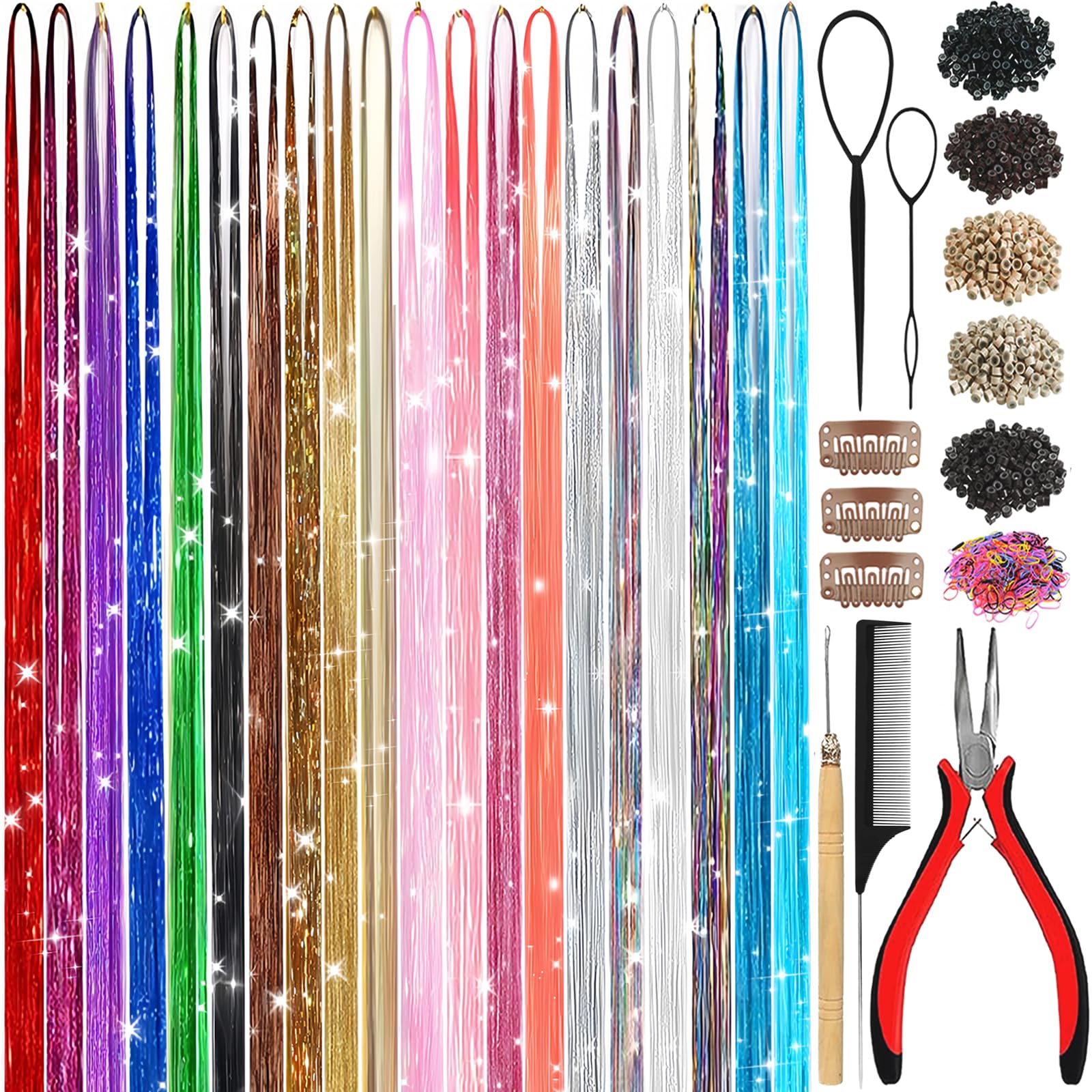 Hair Tinsel,20 Colors Hair Tinsel Kit for Girls 8600 Strands Fairy Tinsel Hair Extensions Holographic Hair Tinsel Heat Resistant Colored Hair Glitter