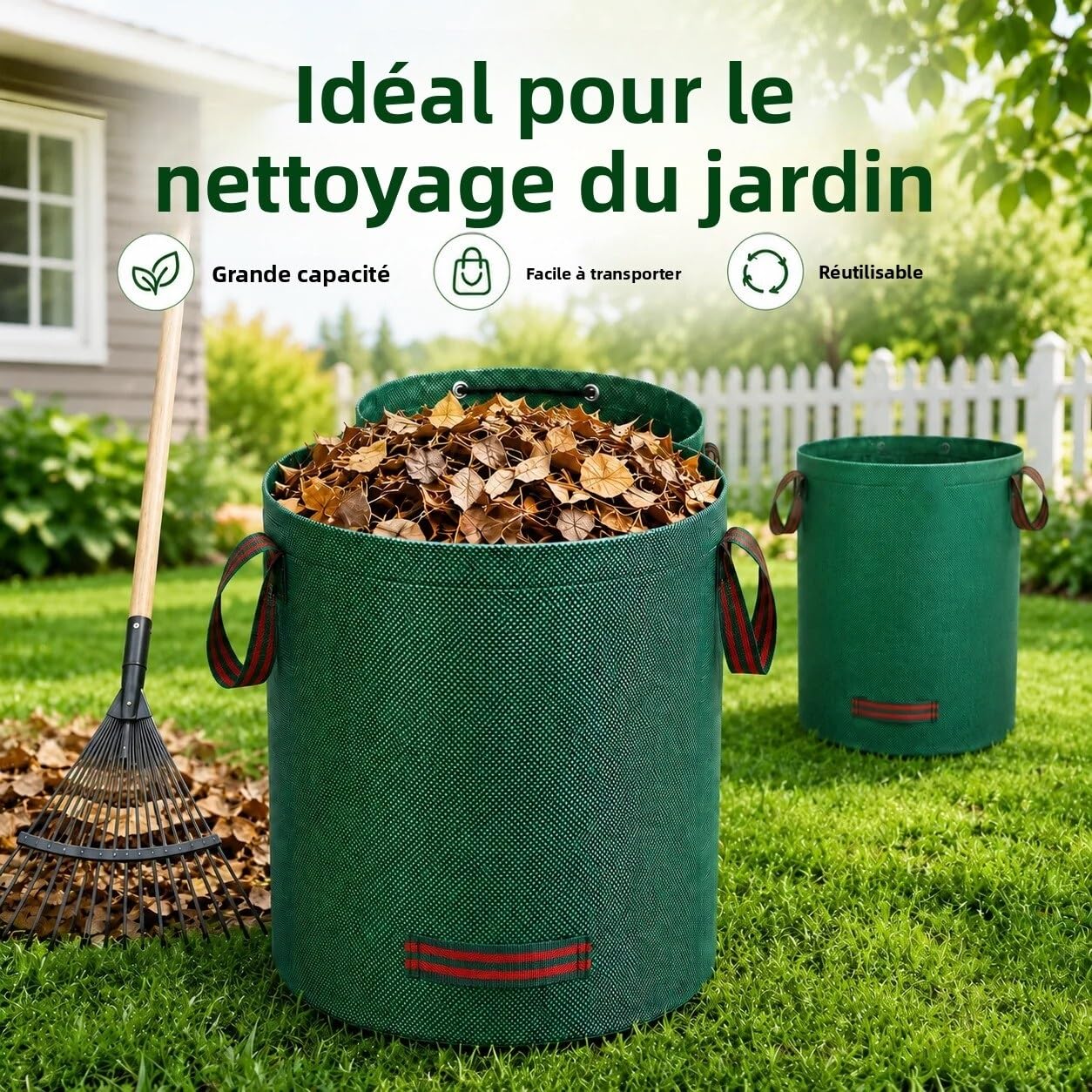 Sac à feuilles de jardin, grande capacité, réutilisable, tissé en PP, déchets pour d'herbe Sac jardin feuilles