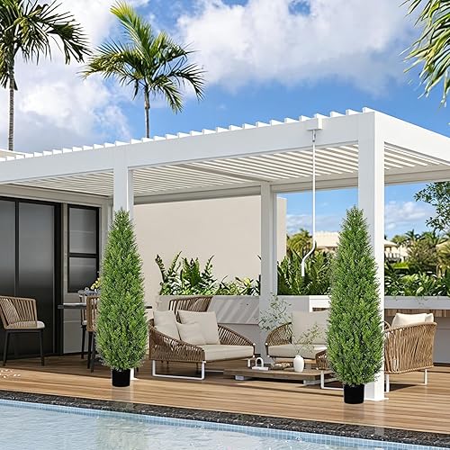 Miniatura 7 de Árbol de cedro topiario artificial de 6 pies, árboles artificiales de 70 pulgadas de altura para exteriores, plantas falsas realistas