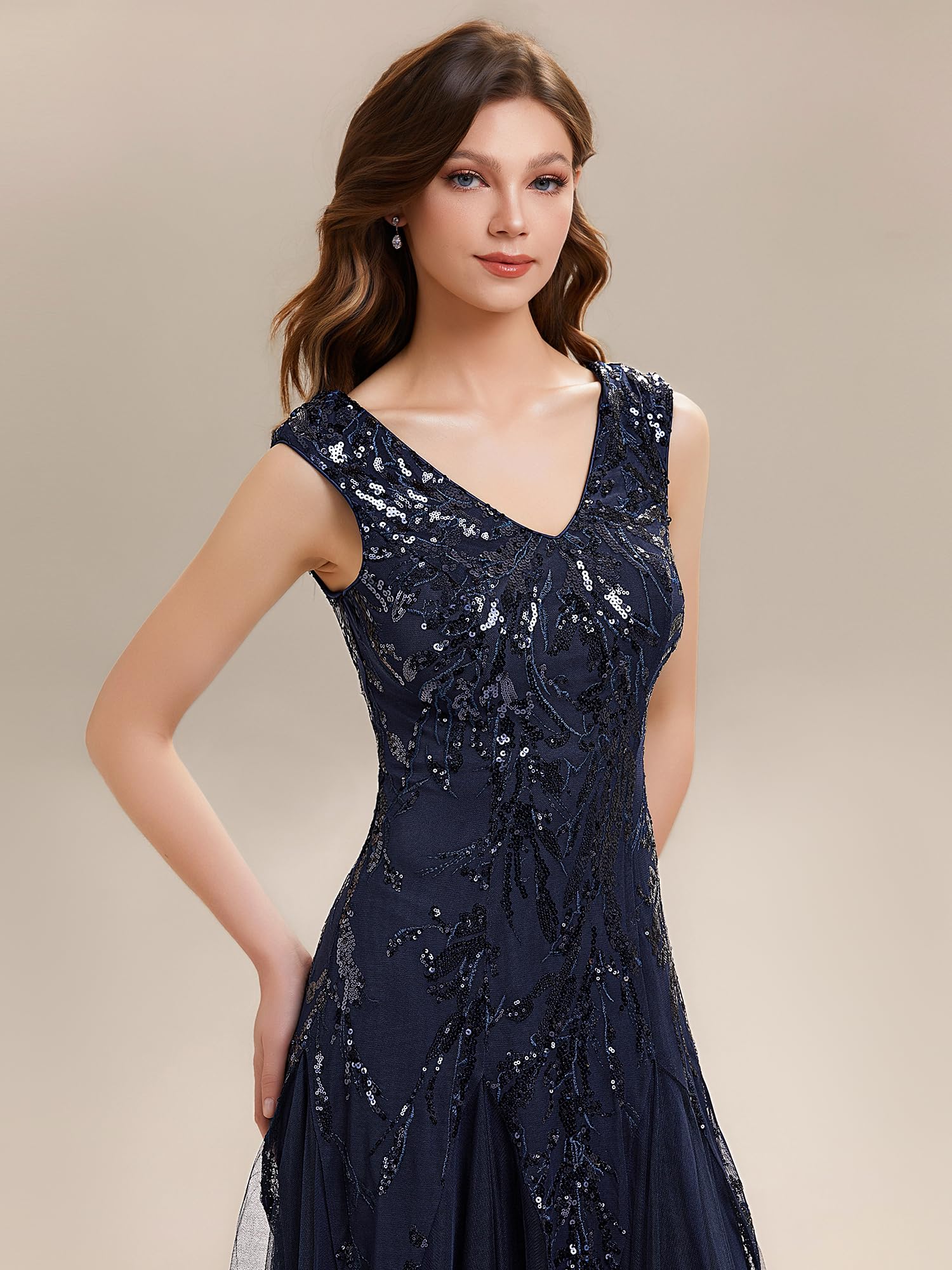 Ever-Pretty Robe de Soirée Femme Longue Paillettes Tulle Col V sans Manche EE02259