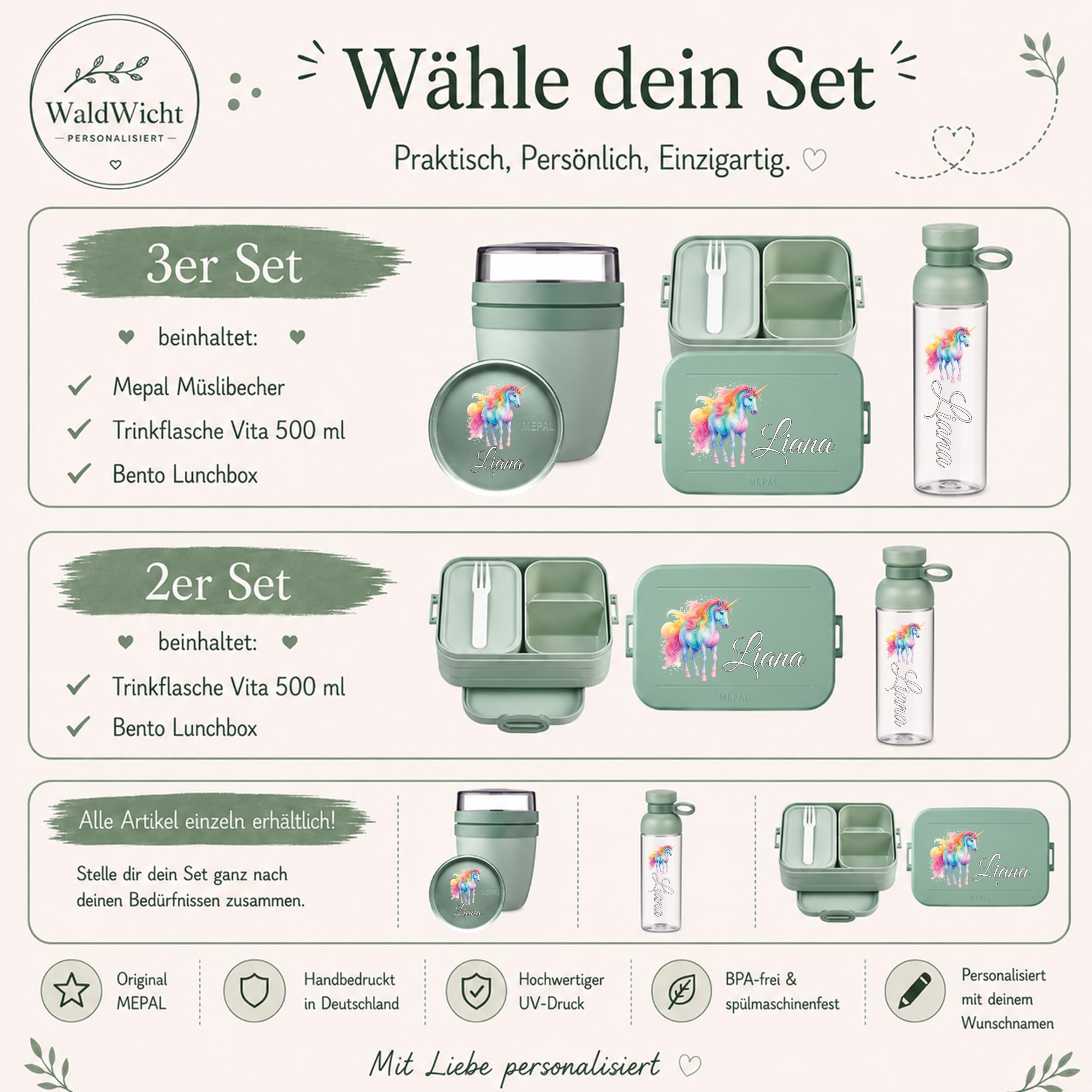 Mepal Personalisierte Brotdose Trinkflasche | Regenbogen Einhorn Mädchen
