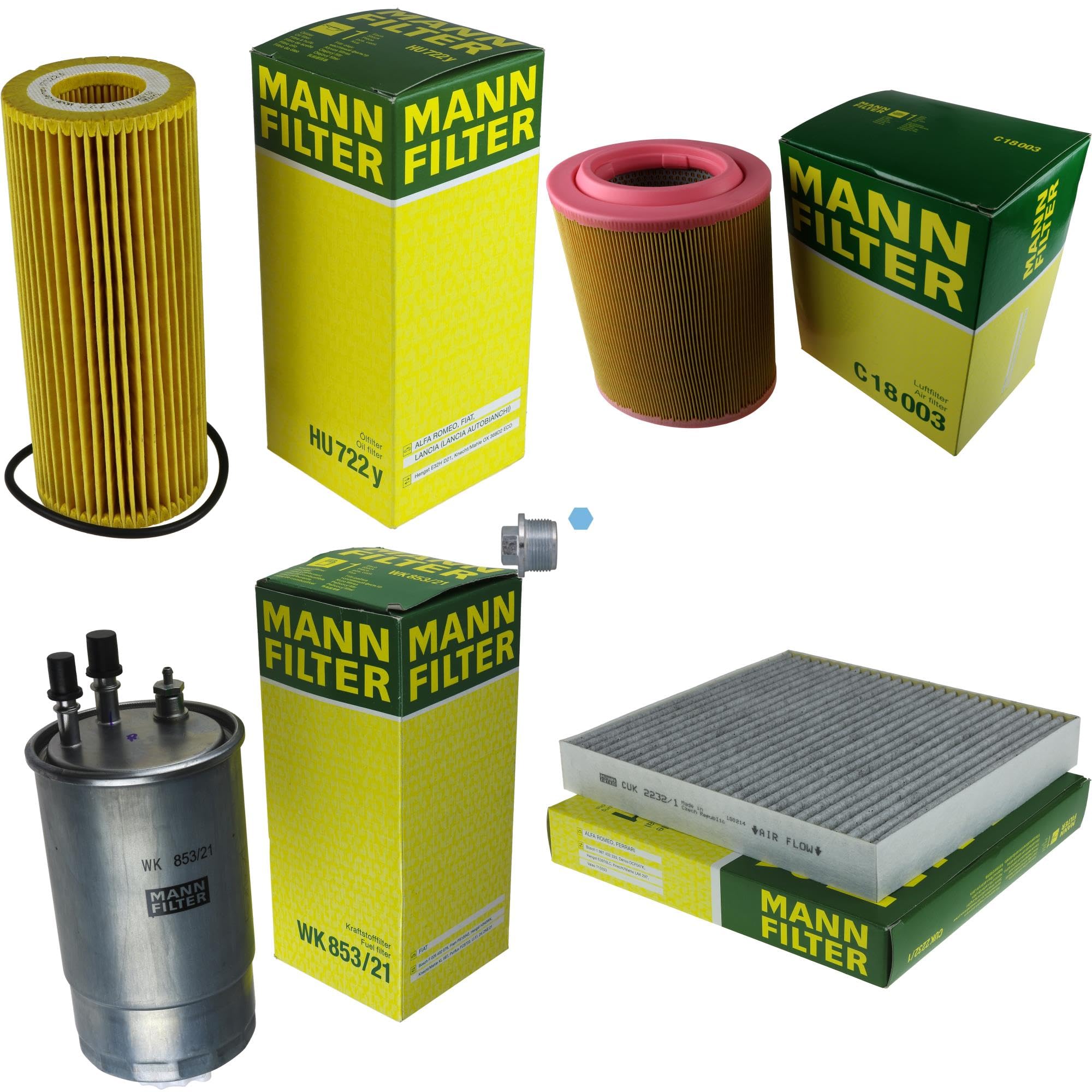Paquete de inspección Kit de mantenimiento de filtros con filtro de aceite HU 722 y, filtro de aire C 18 003, filtro de combustible WK 853/21, filtro de habitáculo CUK 2232/1, tornillo de