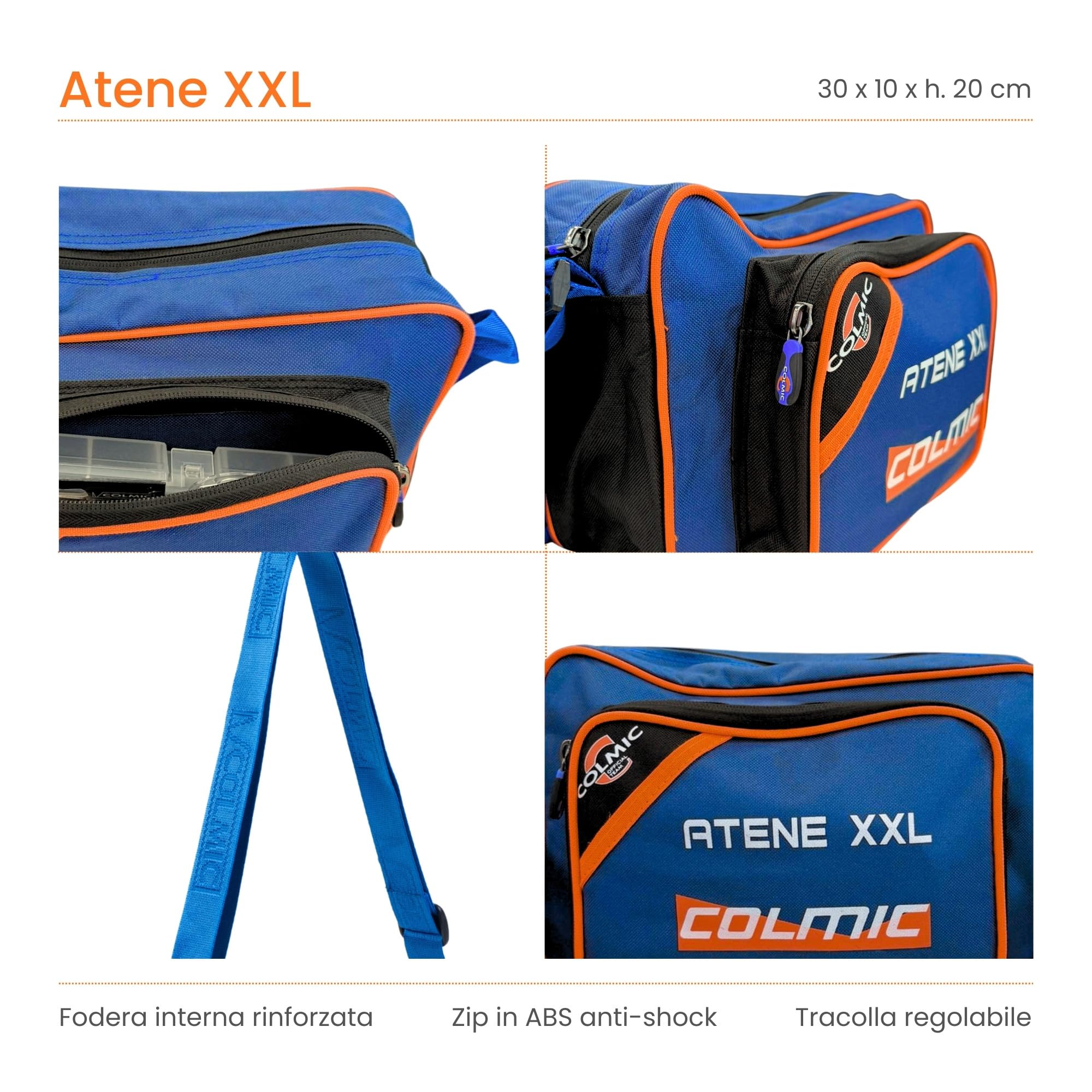 Colmic - Borsa Atene XXL – Borsa a Tracolla in Poliestere 600D rivestito, serie Blu Grigio, Cuciture Resistenti all'acqua, Cerniere Extra Resistenti, 20x30x10 cm – Adatta per Pesca, Sport, Outdoor