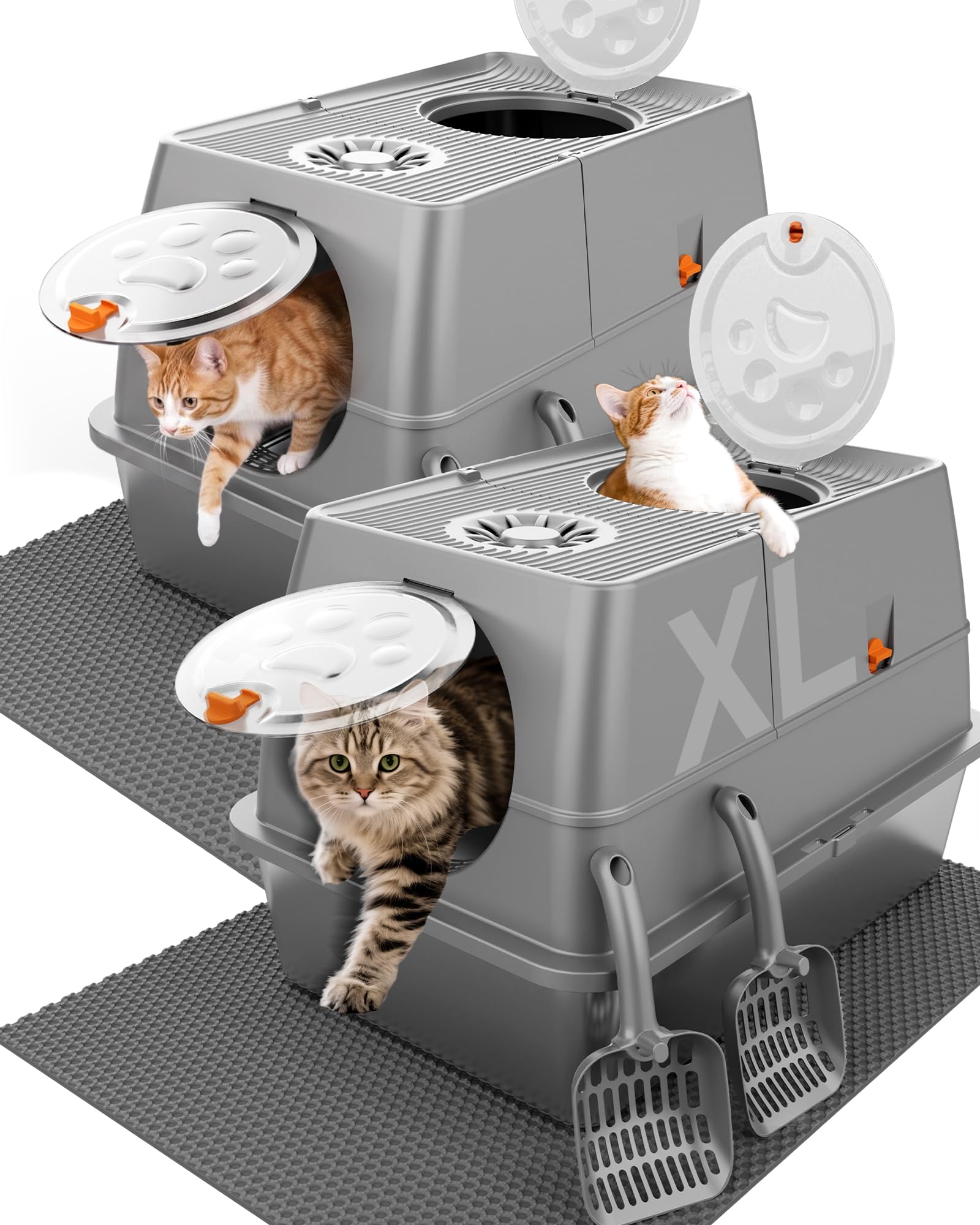 2PACK Stainless Steel Litter Box with Lid, XL Extra Large Litter Box Enclosed Top Entry Metal Litterbox for Big Cats &amp; Multi-Cats, Easy Cleaning Anti Leakage, High Sided with Mat &amp; Scoop, Dark Grey