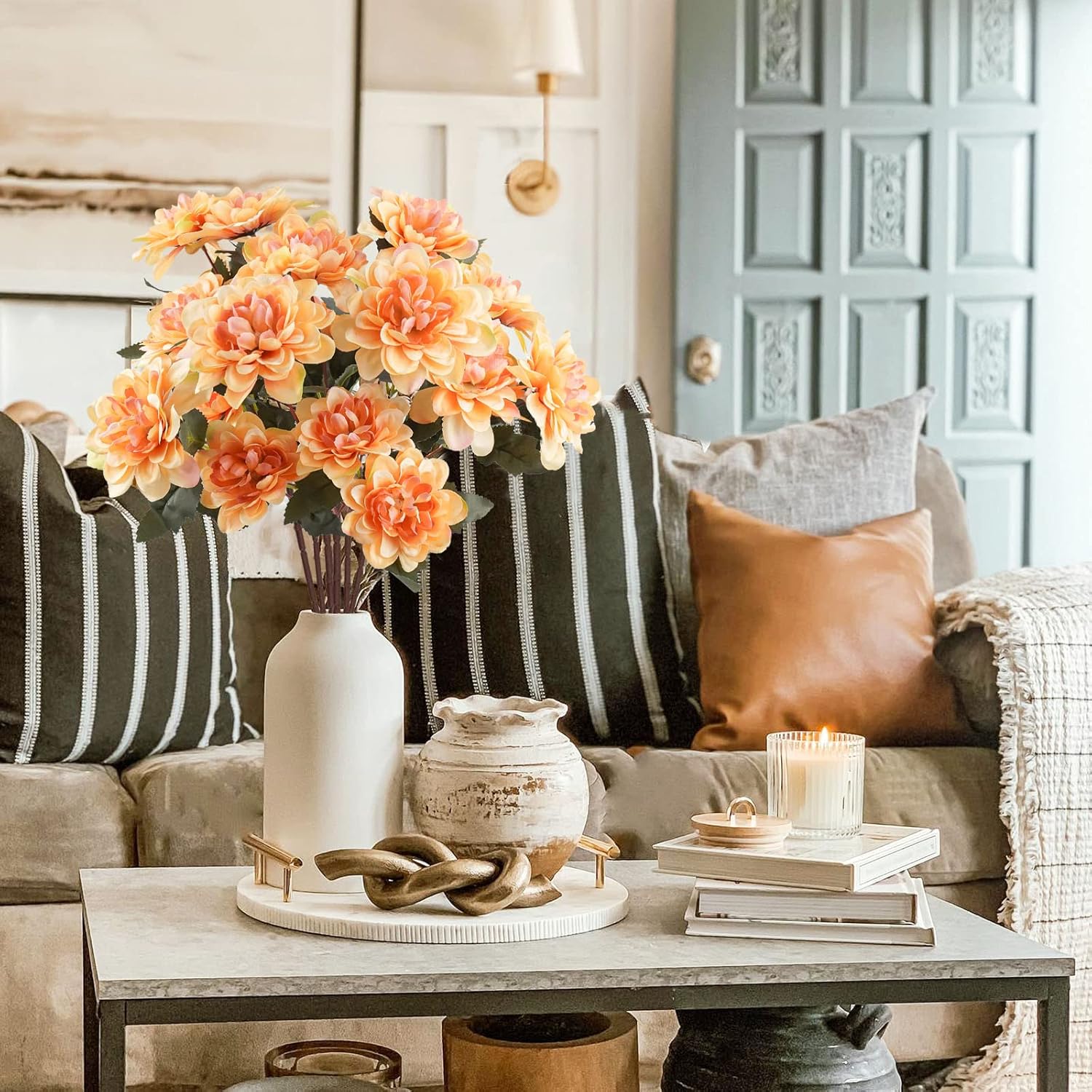 Uieke 6PCS Artificial Fall Daisy Mums Flowers with Stem, Silk Chrysanthemums Flowers Arrangement for Home Party Wedding Bouquet Thanksgiving Table Centerpieces Decor (Champagne) - Image 6