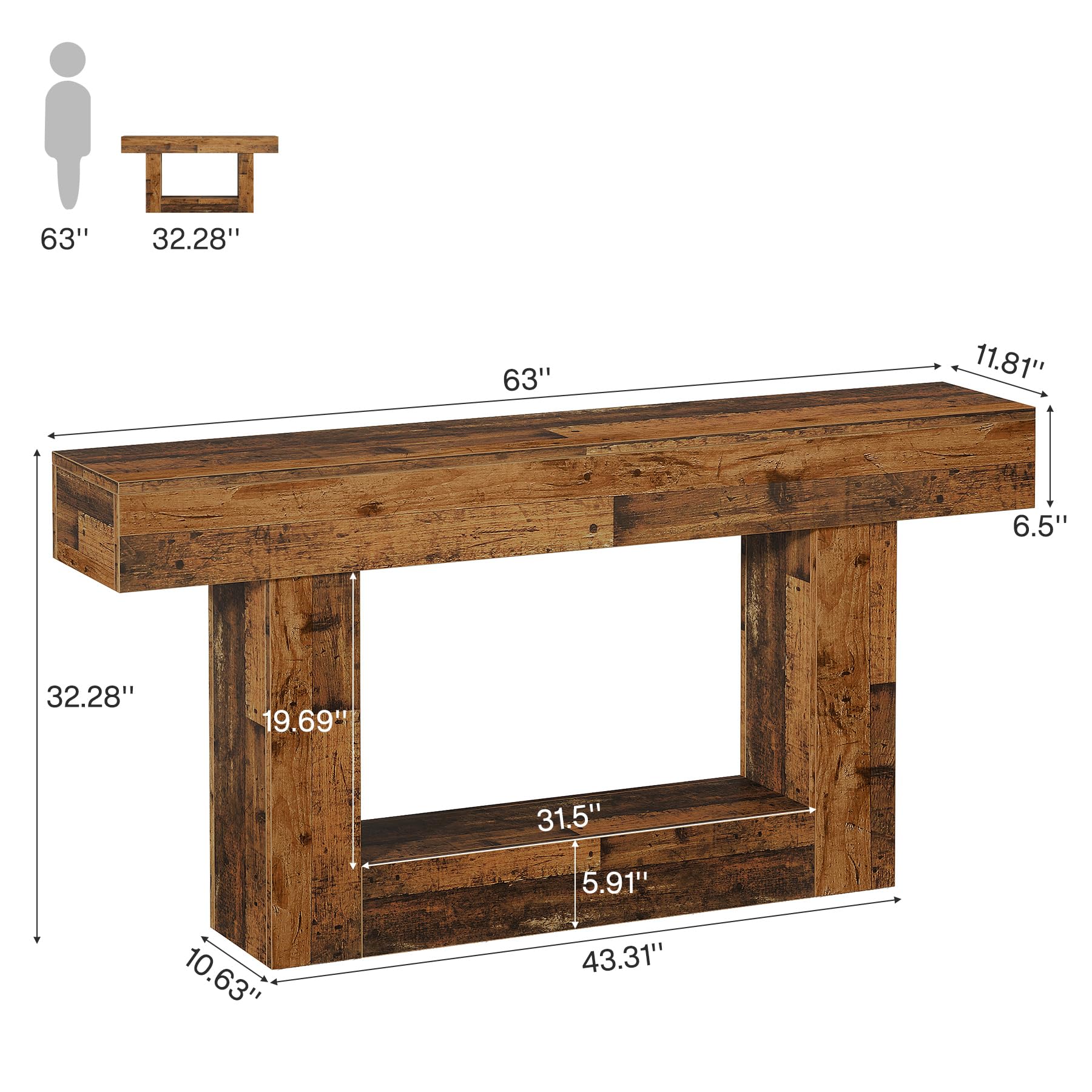 Consoletafel 160 cm, Massief Houten Haltafel met 2 Niveaus Consoletafel 160 cm, Massief Houten Haltafel met 2 Niveaus