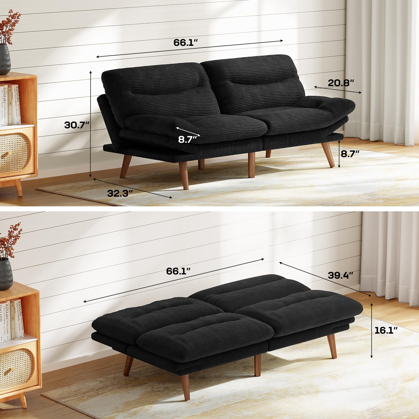 Marsail Futon Sofa Bed, 66” Futon Couch with Adjustable Backrest & Armrests, Convertible Small Sleeper Sofa Bed for Small Apartments, Study Room, Office, Corduroy Loveseat, Black
