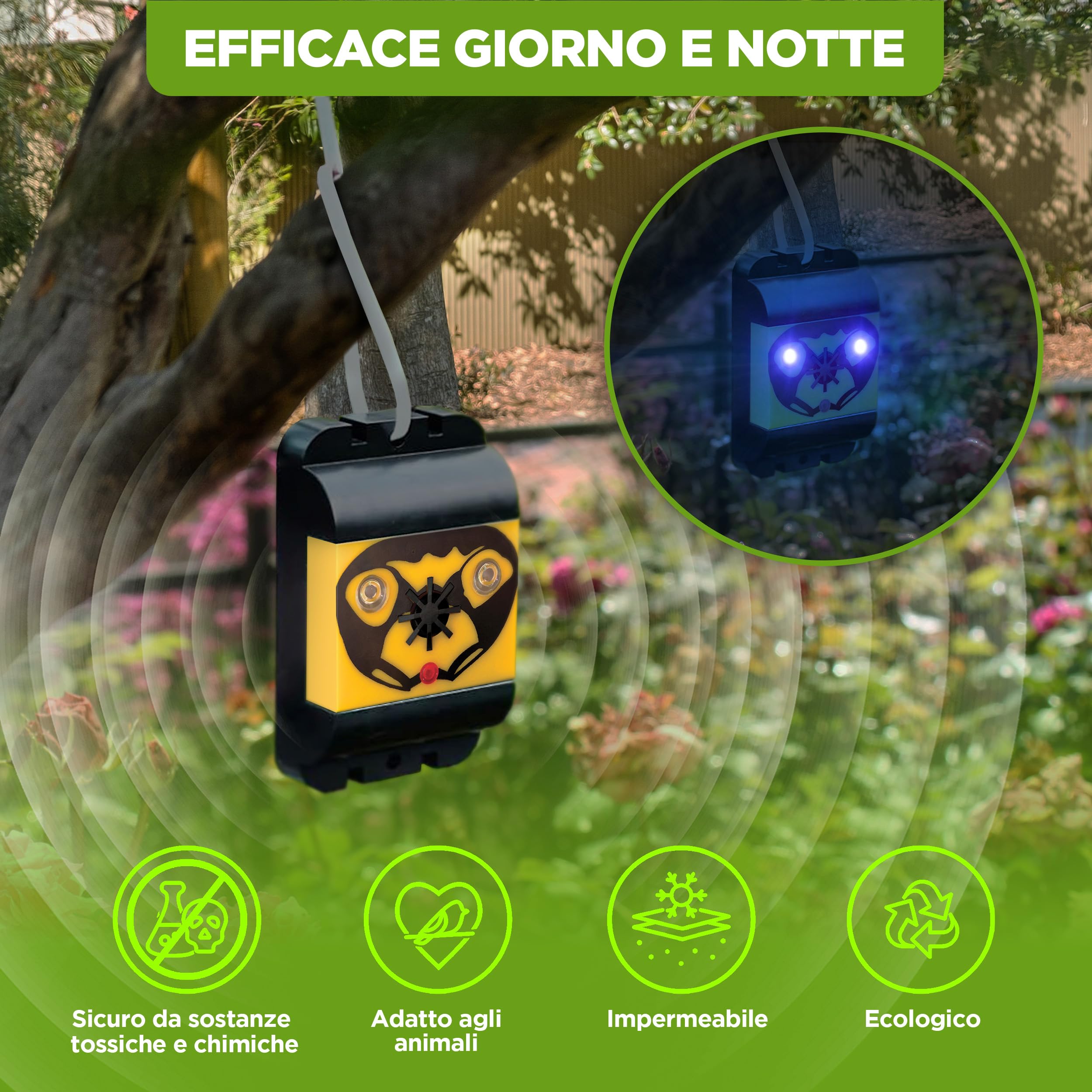 ISOTRONIC dissuasore uccelli luce lampeggiante ultrasuoni batteria piccioni balconi giardini raggio 40m² 2 unità efficace esterno protezione difesa stop volatili ecologico mobile sicurezza casa