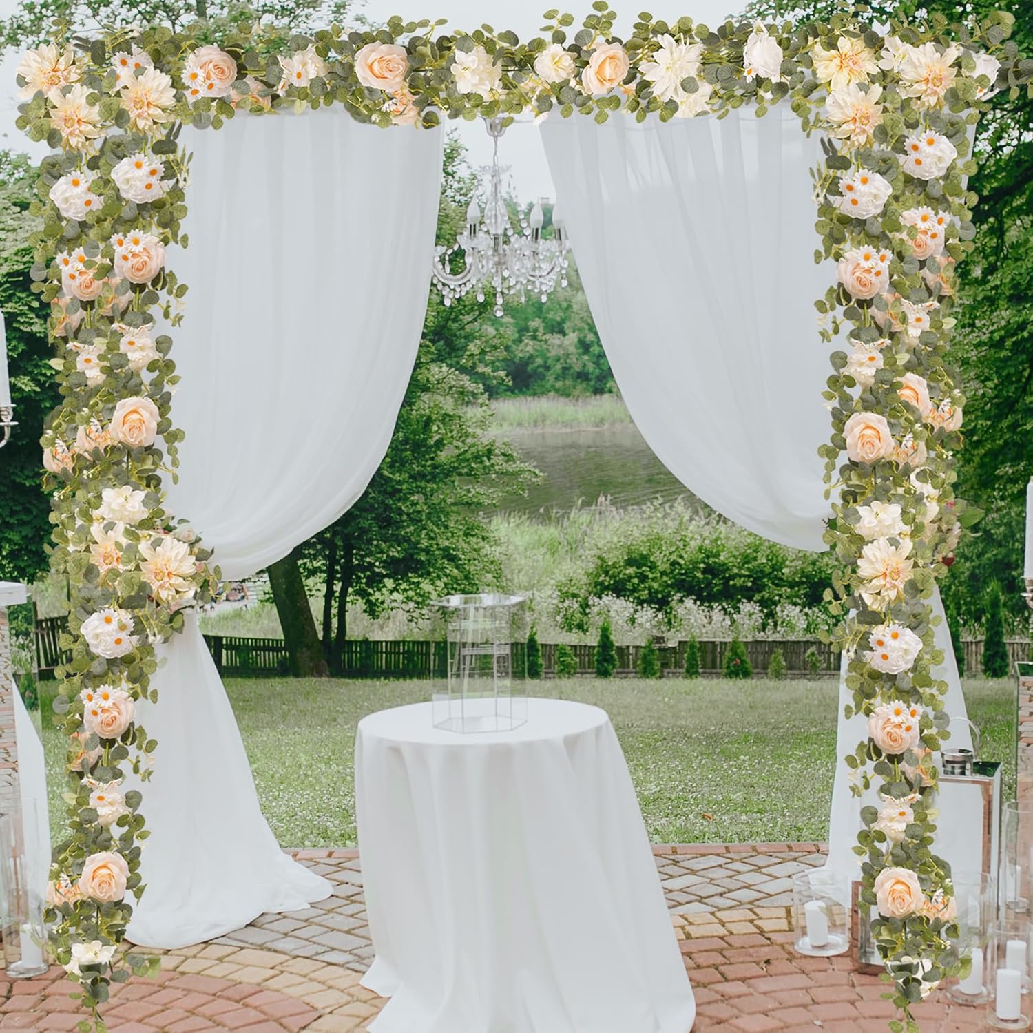 1 Pack Artificial Champagne Flower Garland Decor, 6.07Ft Fake Rose Hydrangeas Vines Hanging,Eucalyptus Garlands with Dahlia Floral Garland for Birthday Wedding Table Centerpieces Decorations - Image 8