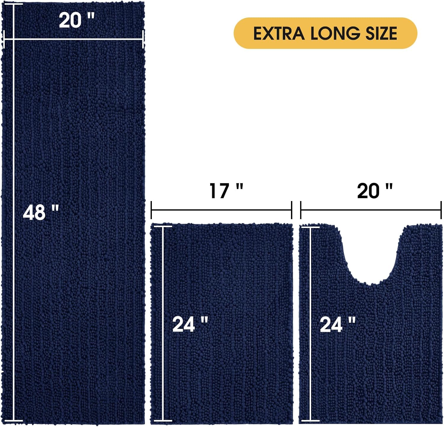 ACCUMTEK Upgrade Extra Large Navy Blue Bathroom Rug Set 3 Pieces Ultra Soft, Thick Absorbent Bath Mats, Non Slip Chenille Toilet Mat for Bathroom, Bedroom, Kitchen - Image 2