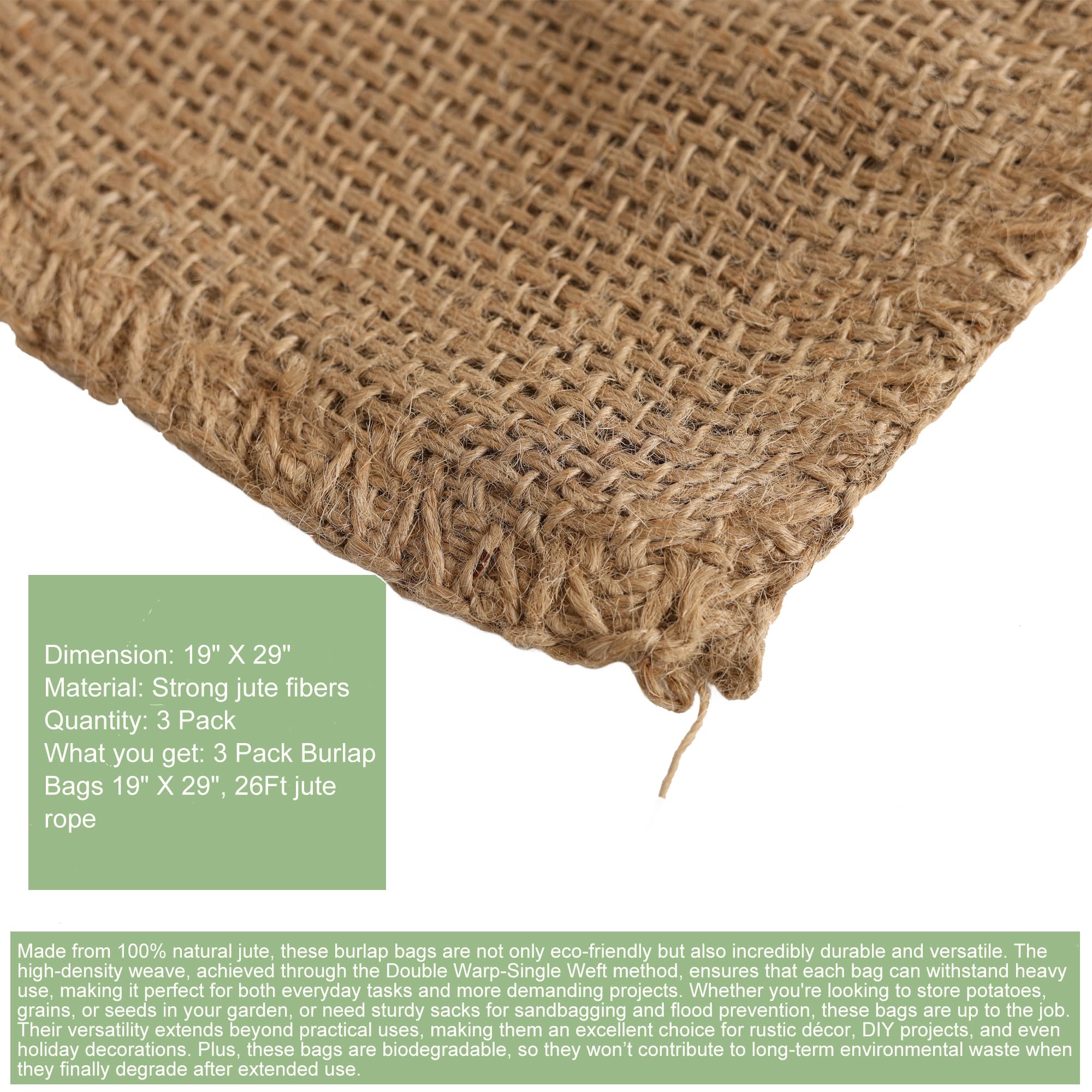Lot de 3 grands sacs en toile de jute multi-usages de 58,4 x 98 cm, respectueux de l'environnement, réutilisables et durables pour stocker les légumes, les céréales, le jardinage, les