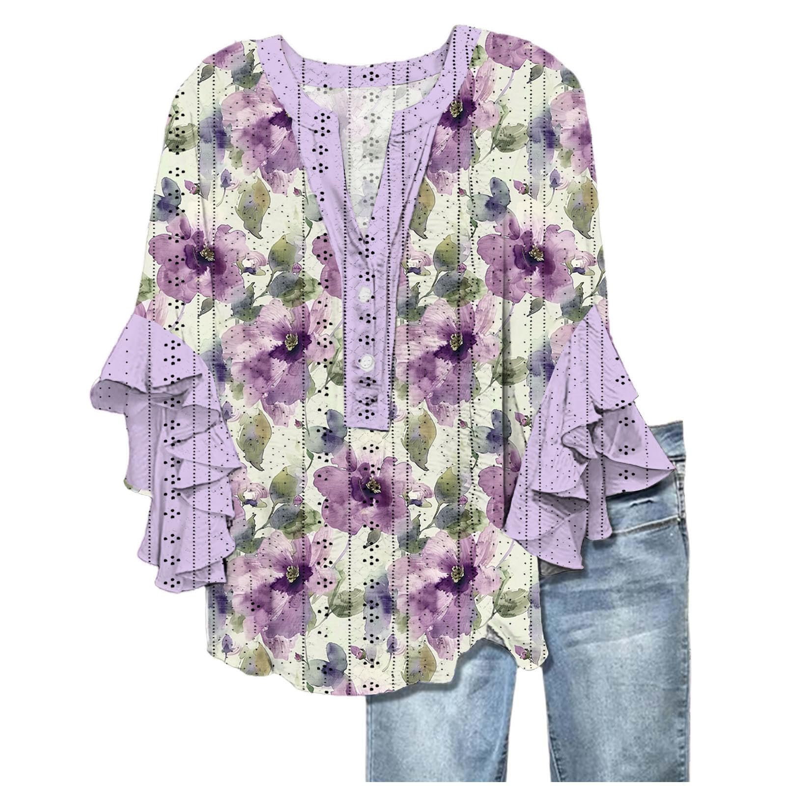 Women's Eyelet Tops V-Neck Ruffle 3/4 Sleeve Blouse Casual Loose Button Up Henley Shirts Boho Flowy Beach Clothes — view 17