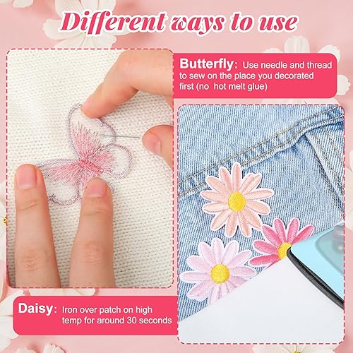 Miniatura 5 de Cindeer 80 parches bordados para planchar, juego de parches para planchar con diseño de margarita y mariposa, mini decoración linda para coser en