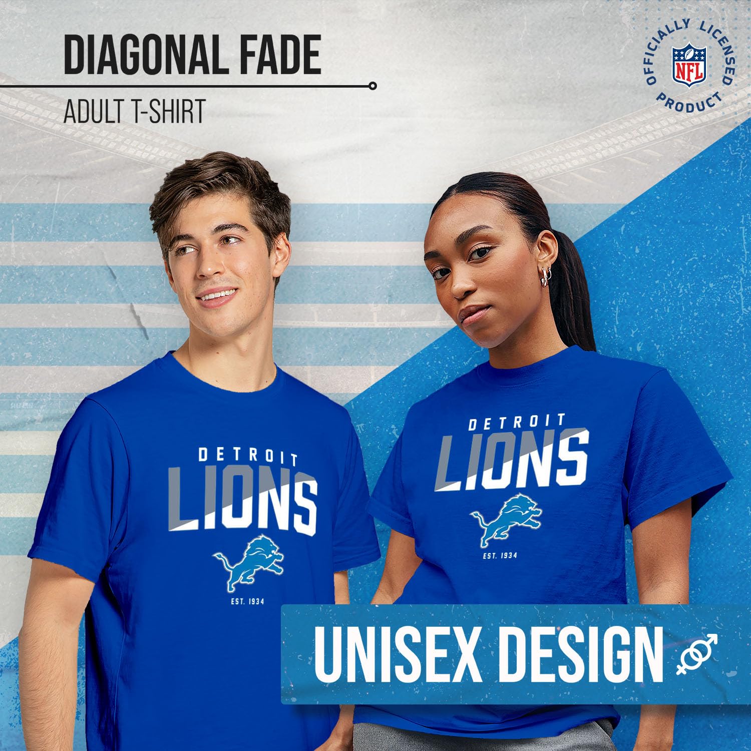Team Fan Apparel Adult NFL Diagonal Fade Color Block T-Shirt - Officially Licensed - Tagless - 100% Cotton - Unisex (Detroit Lions - Royal, Large)
