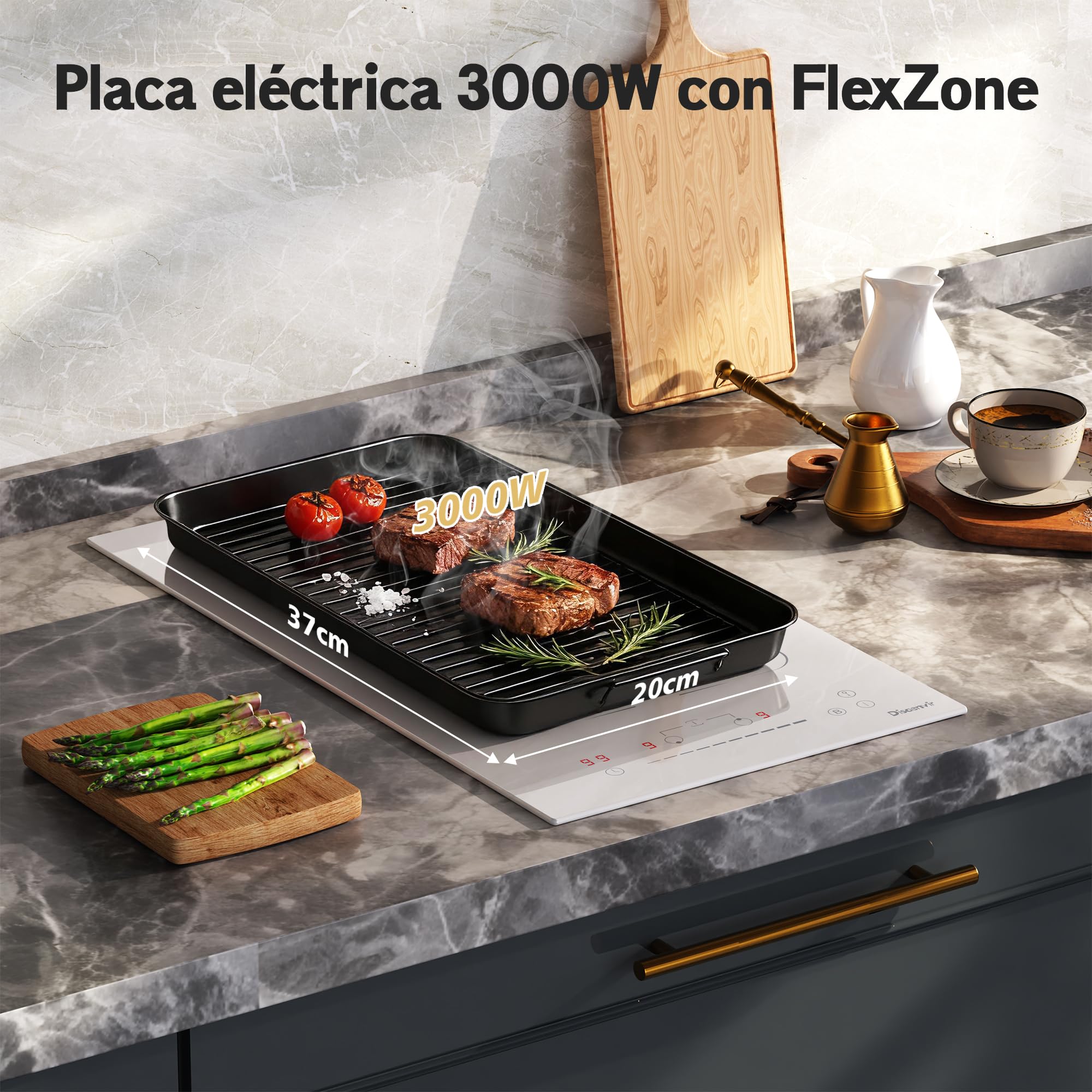 Placa inducción Disaenvir de 2 Fuegos Empotrable, Blanco, 30 cm, 3500 W, enchufe de 220 V, 9 Niveles de Potencia, Función Boost, Temporizador y Protección Antitoque, Flexible