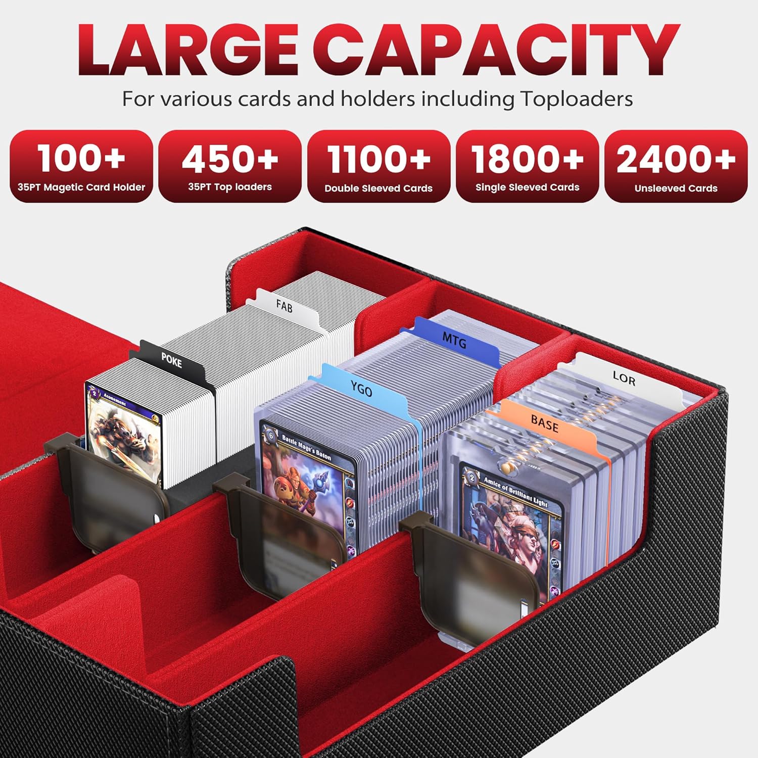 Card Storage Box For Trading Cards 1800+,Card Deck Box With 10 Dividers,6 Foam Stoppers,4 Supporters,Commander Deck Case Fit For Toploaders,MTG,YuGiOh,TCG and Magic Cards